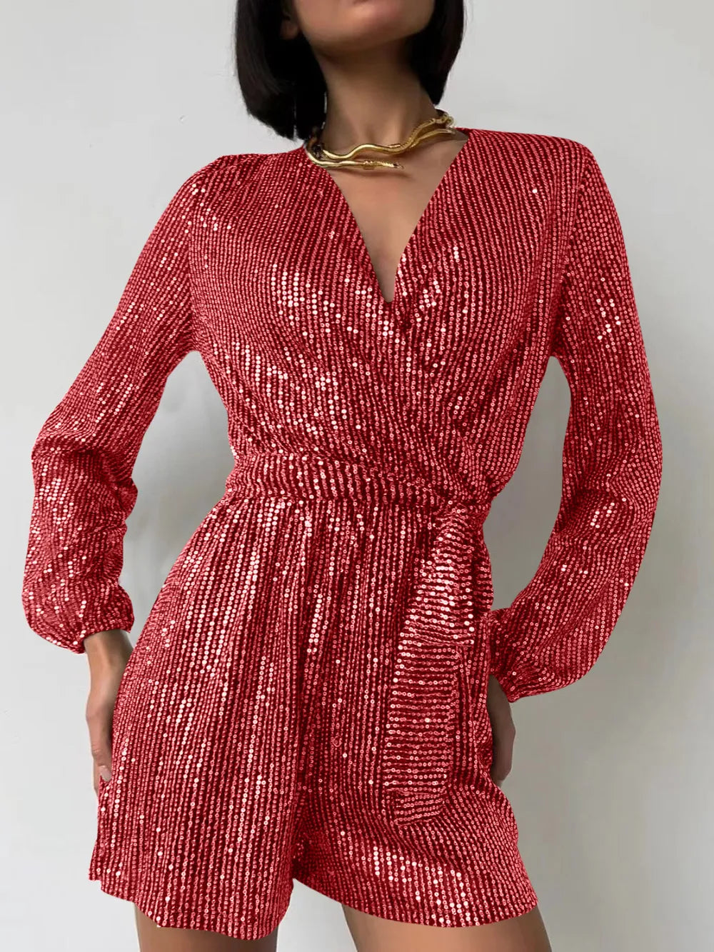 Sequin Surplice Tie Waist Romper