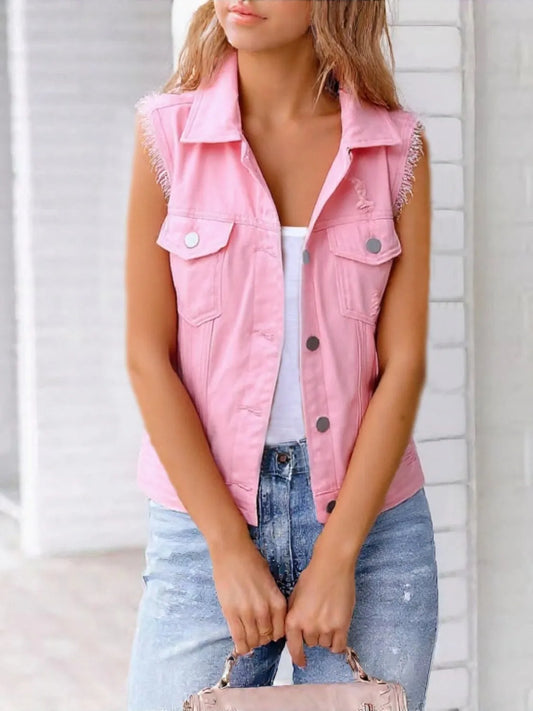 Frayed Denim Vest with Lace Trim by Ease Mee