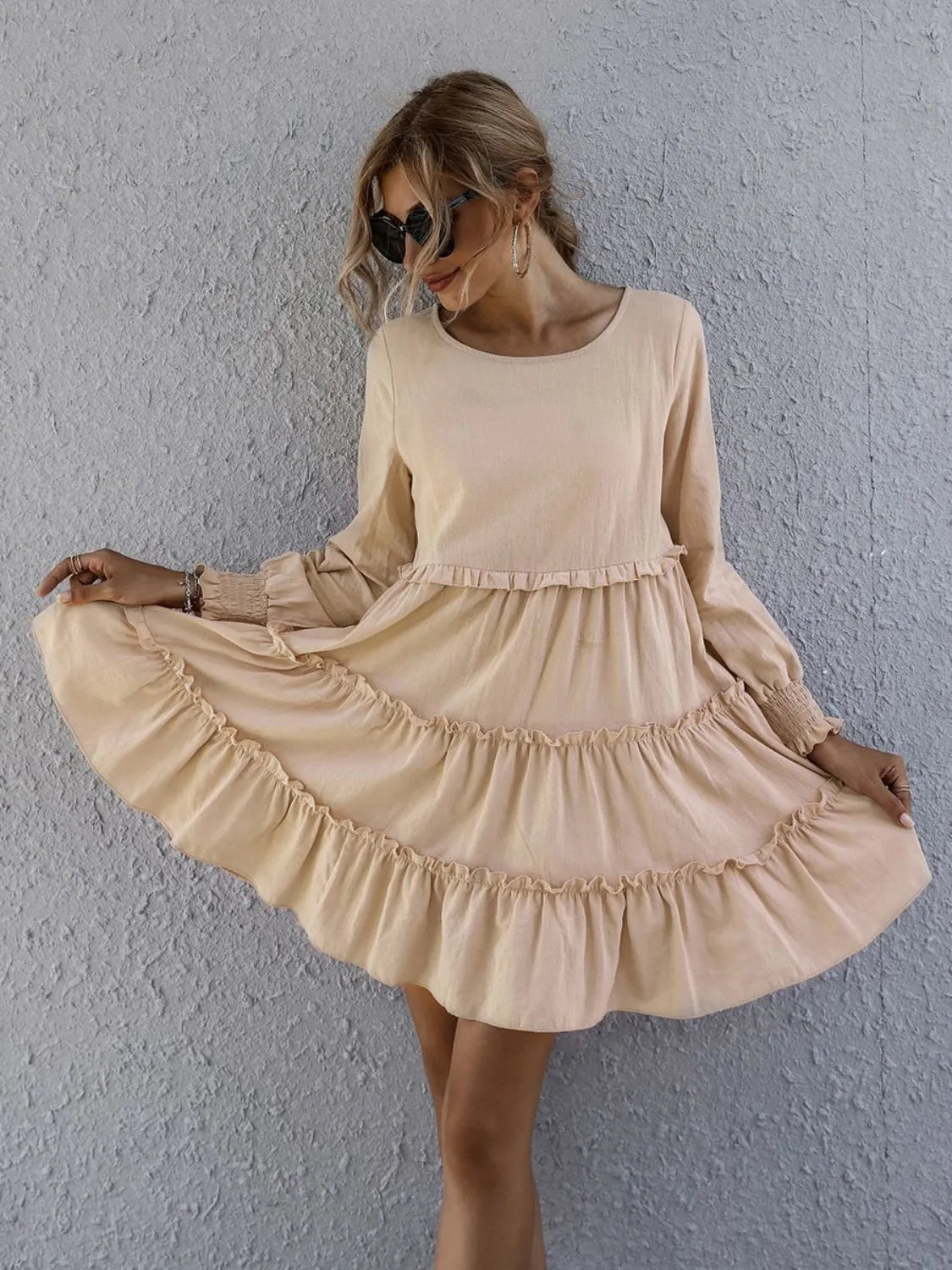 Frill Tiered Long-Sleeve Mini Dress