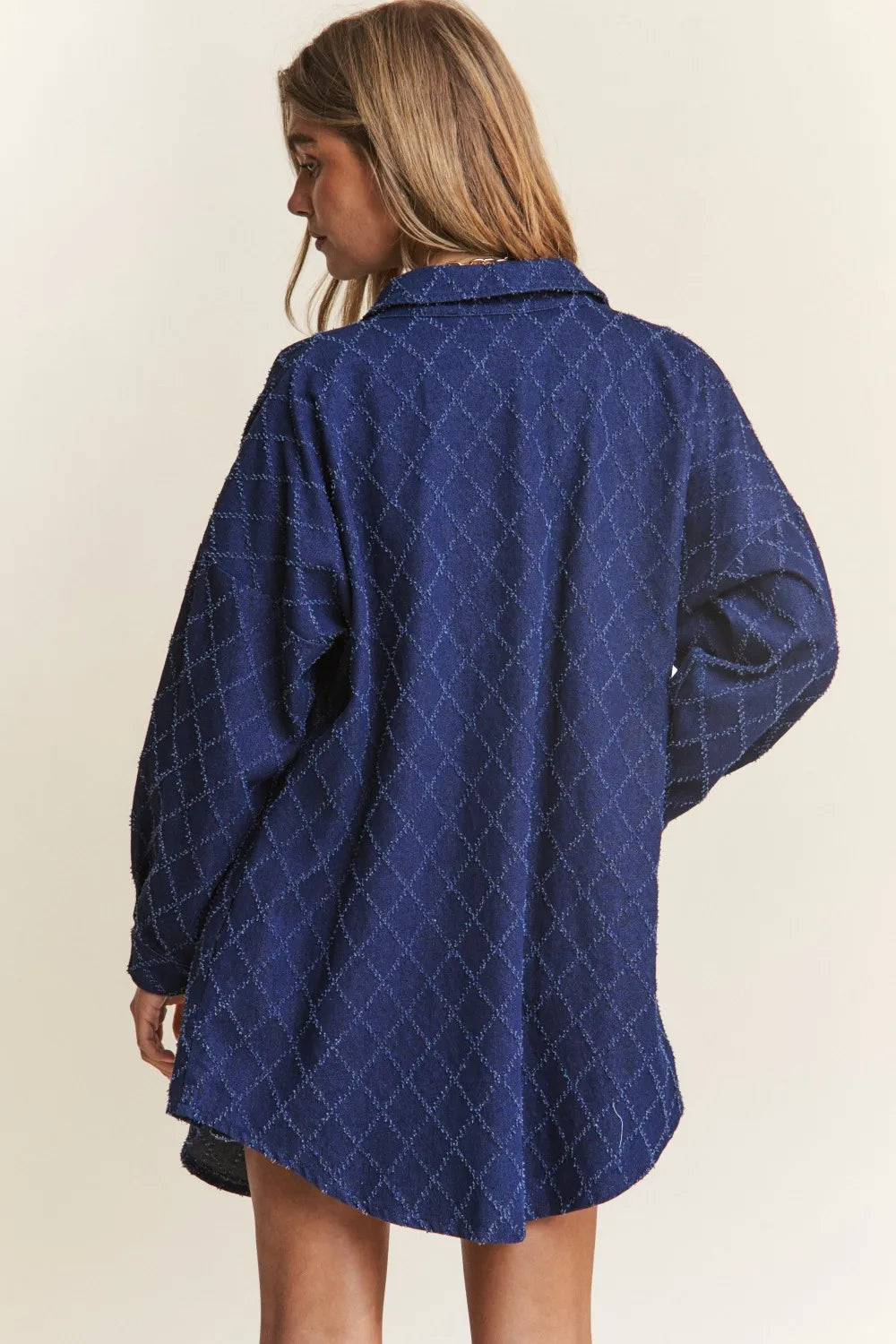 Rhombus Stitched Denim Shacket in Dark Denim by J.NNA