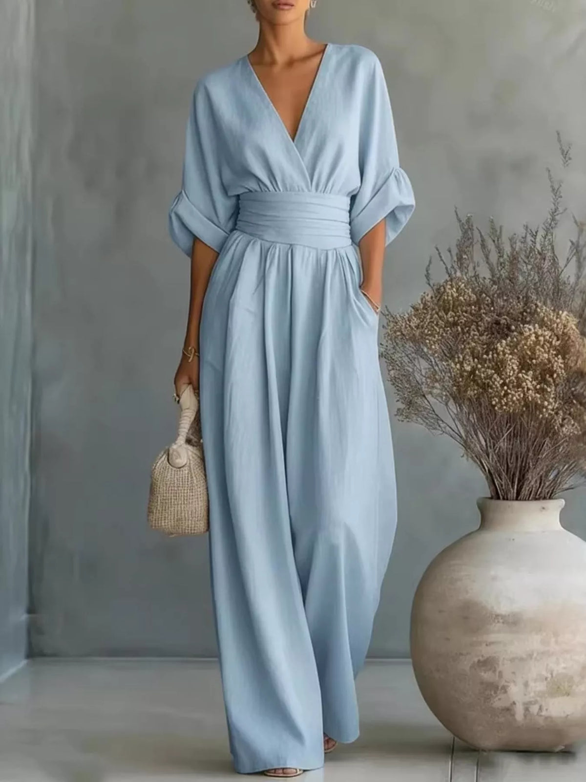 Ruched Half Sleeve Wide-Leg Jumpsuit