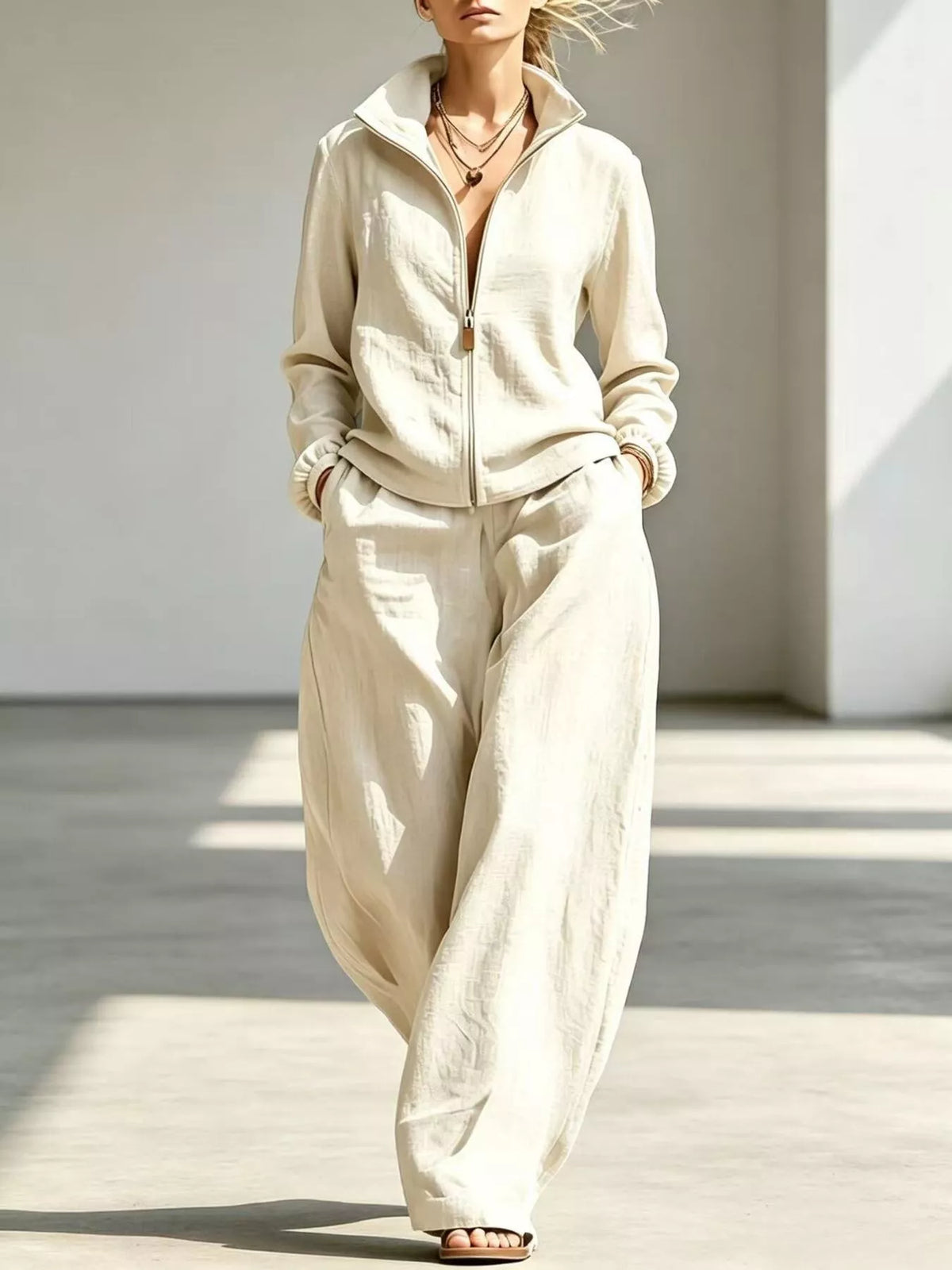 Zip-Up Jacket and Wide-Leg Pants Set in Peacock Blue