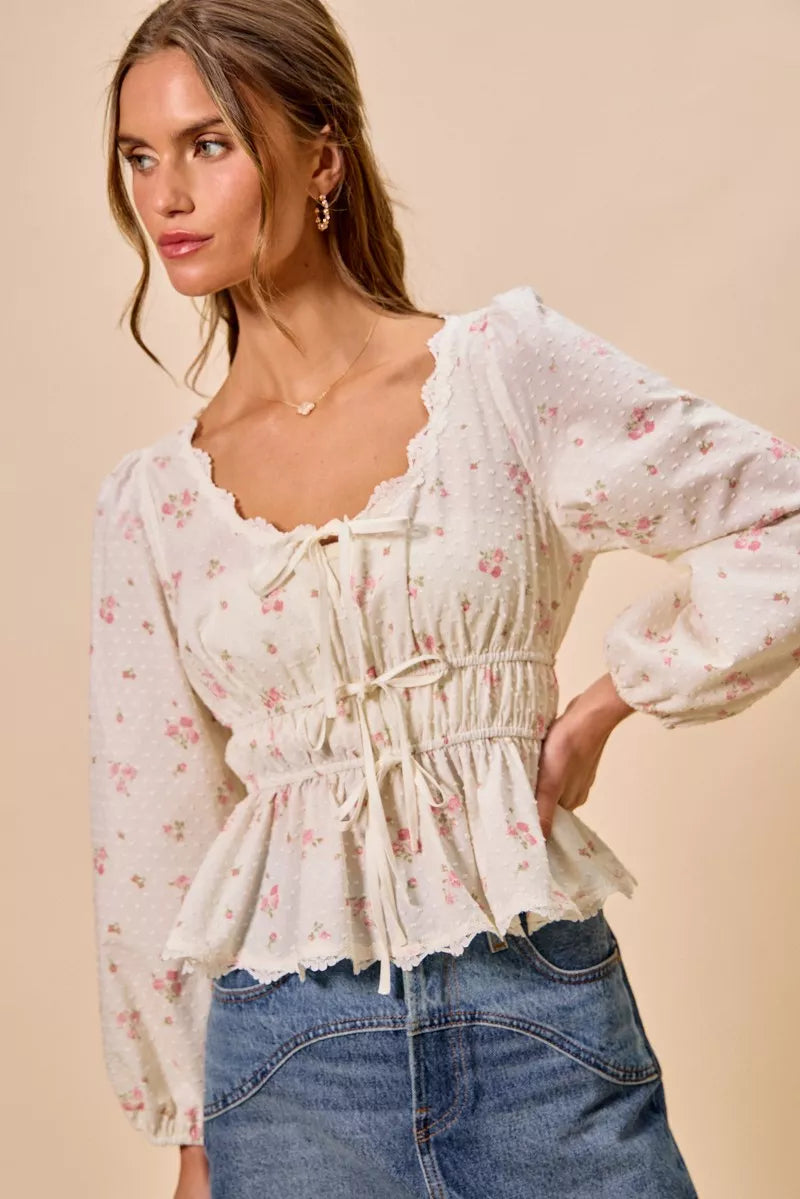 So Me Floral Clip Dot Lace Trim Blouse in White