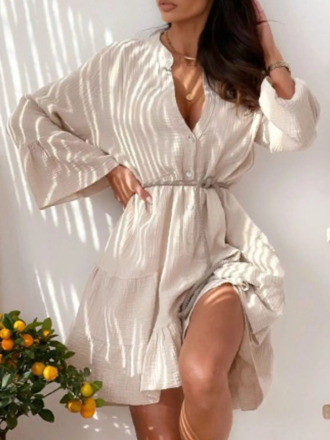 Button Detail Notched Long Sleeve Dress