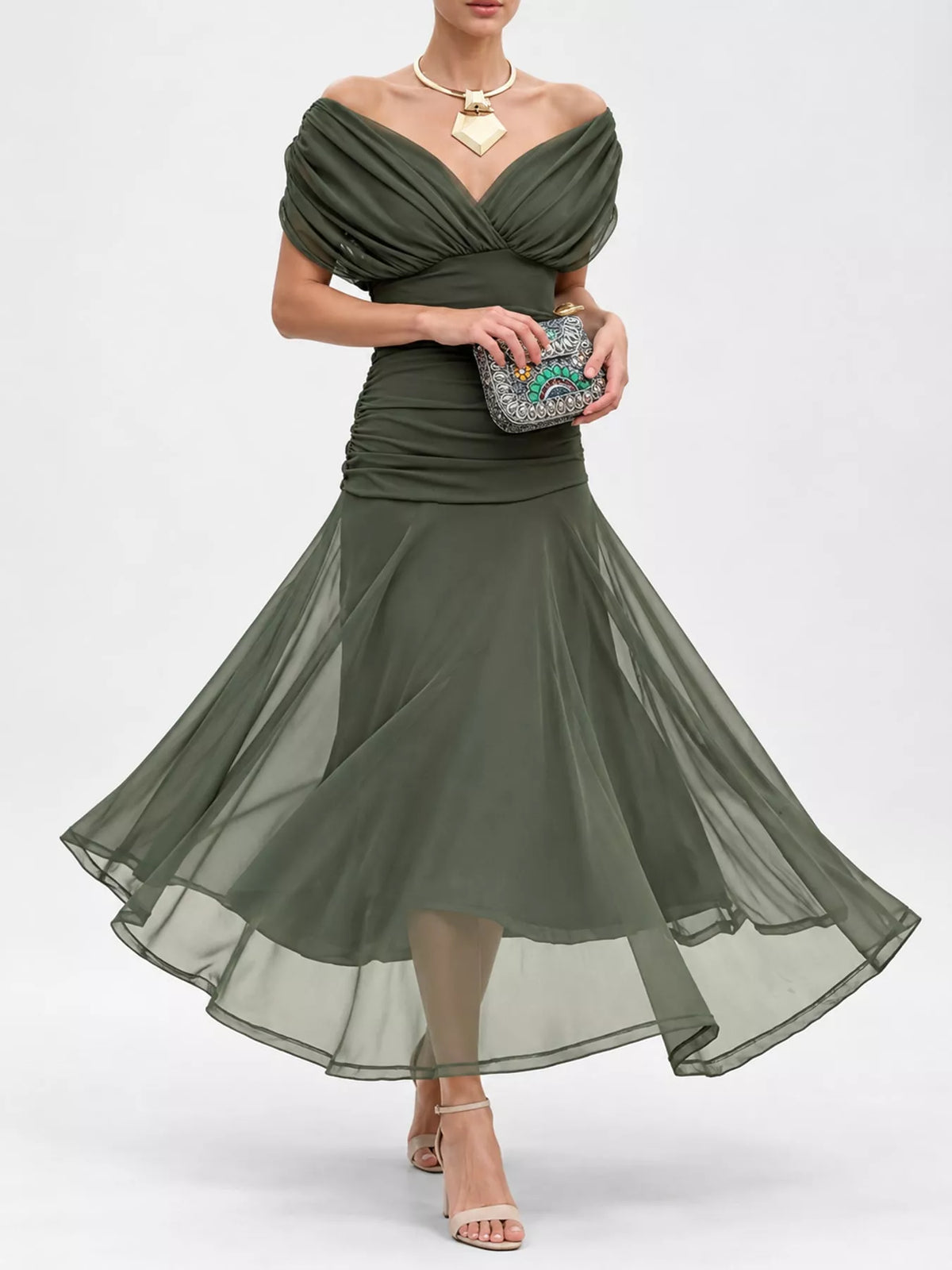 Off-Shoulder Ruched Tulle Evening Maxi Dress