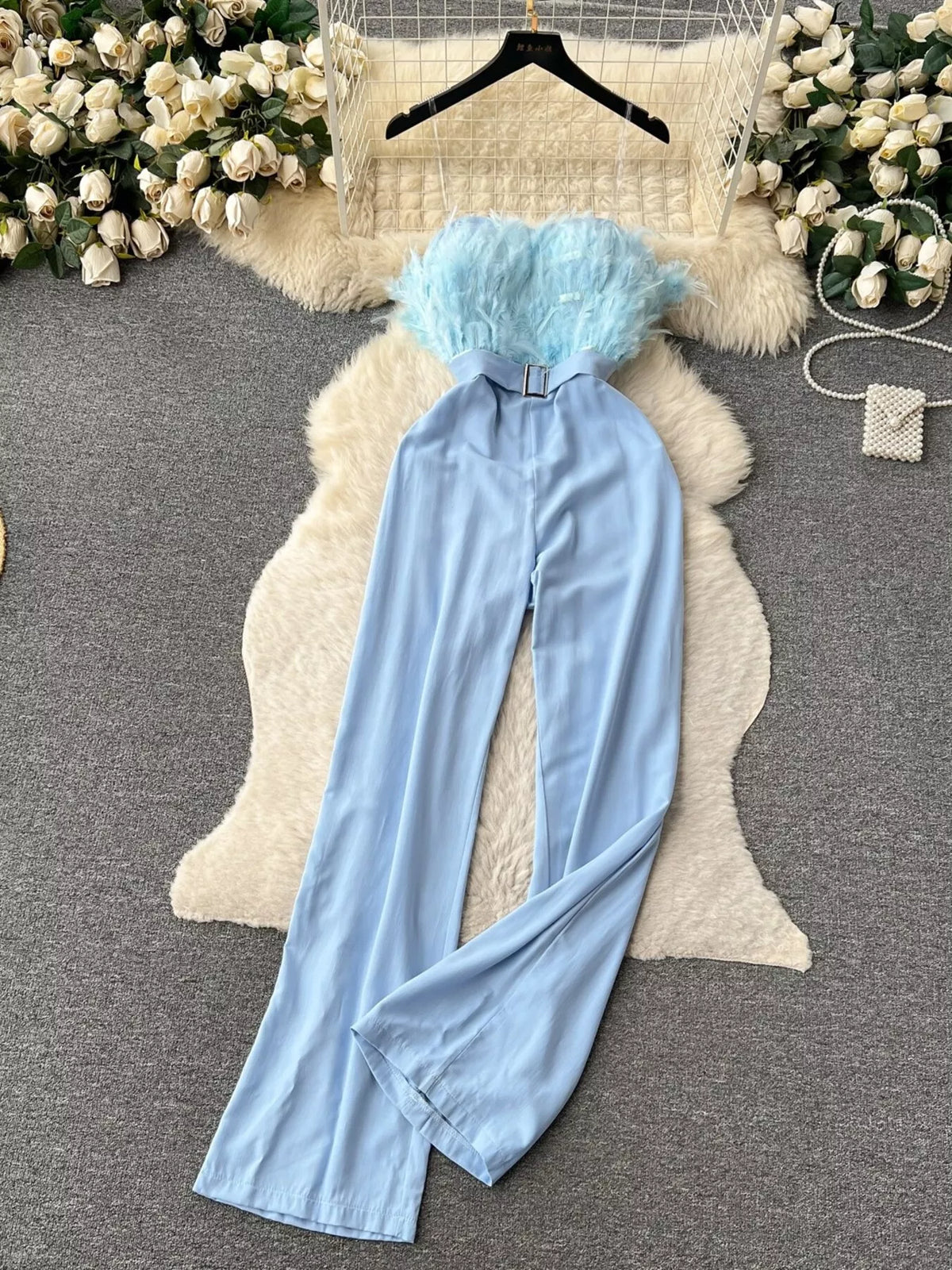 Feather-Trim Strapless Wide Leg Jumpsuit