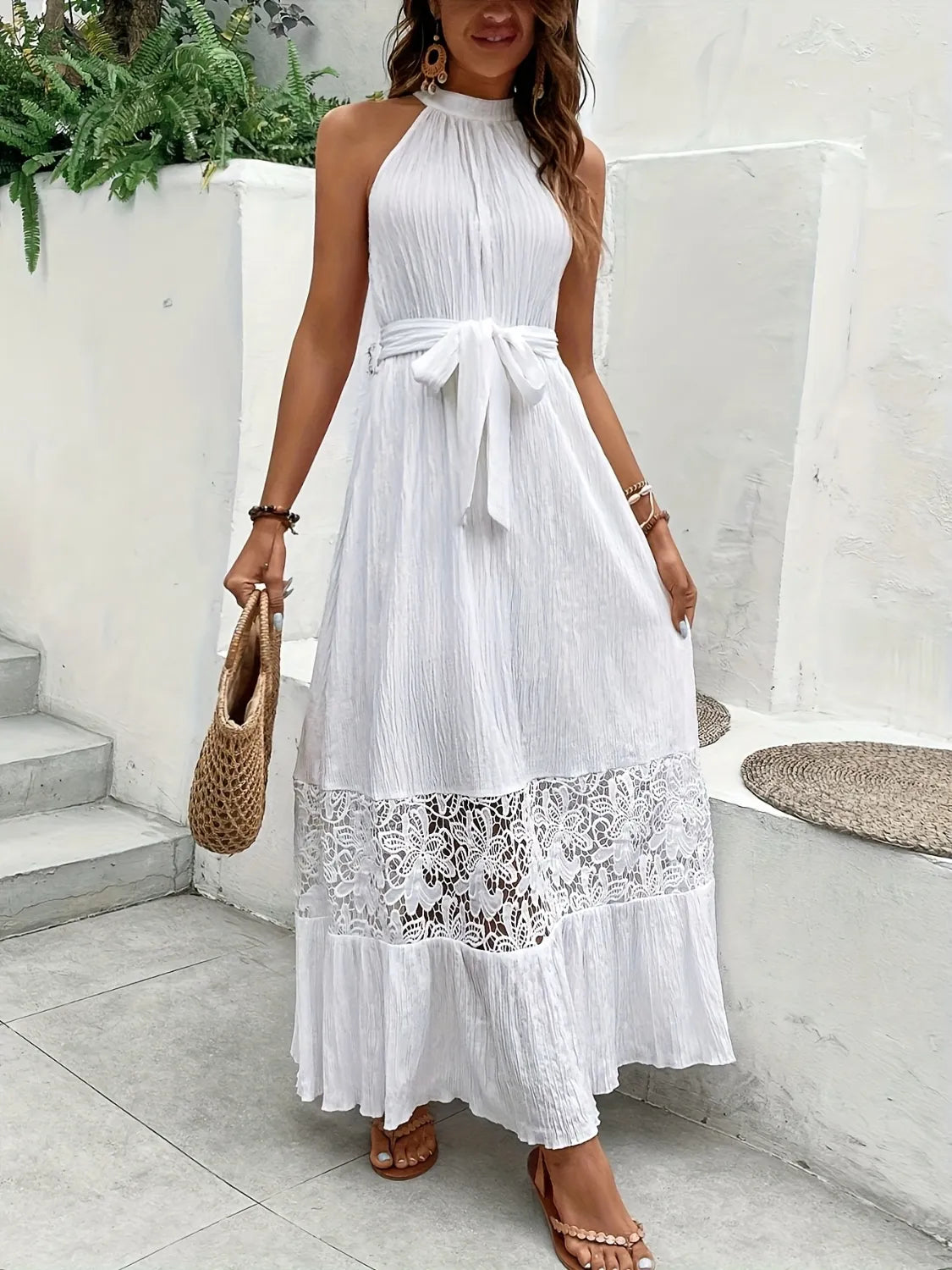 Lace Detail Belted Maxi Cami Dress in White by Macido