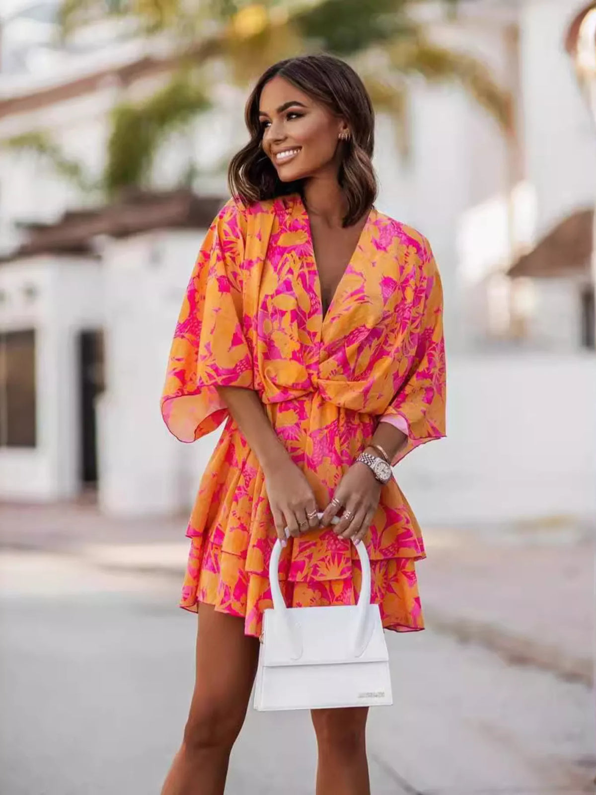 Tiered Surplice Mini Dress with Belt
