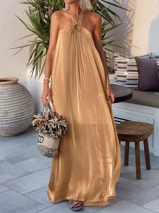 Halter Neck O-Ring Maxi Dress in Khaki