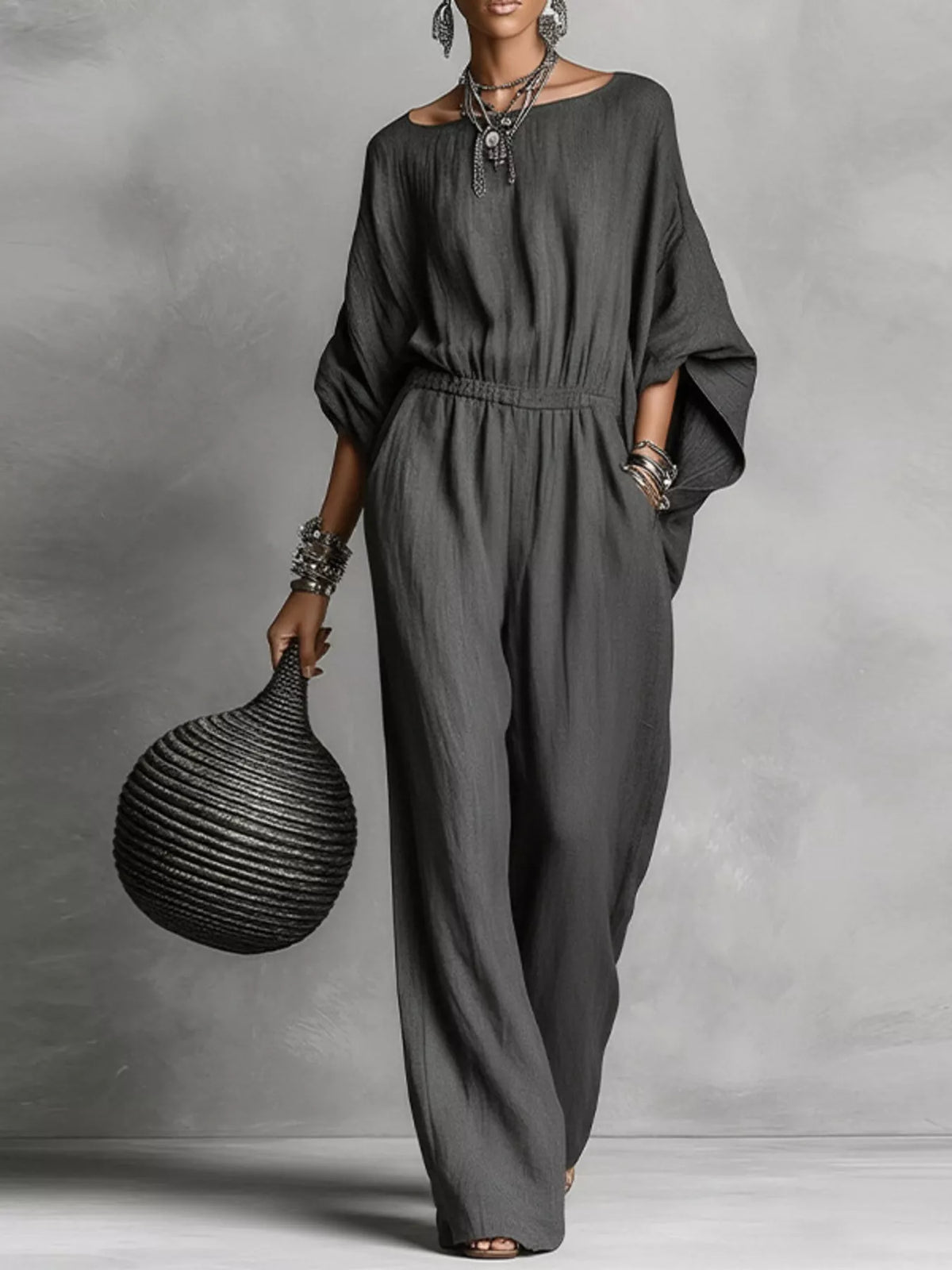 Boat Neck Batwing Sleeve Wide-Leg Jumpsuit