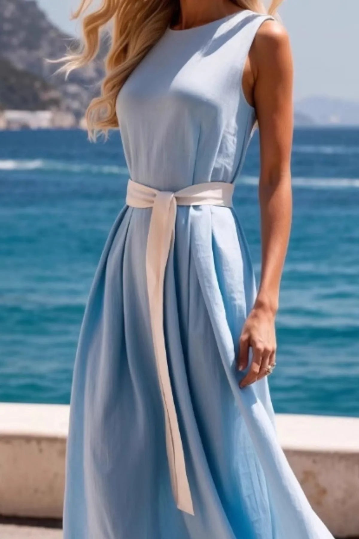 Round Neck Sleeveless Midi Dress in White