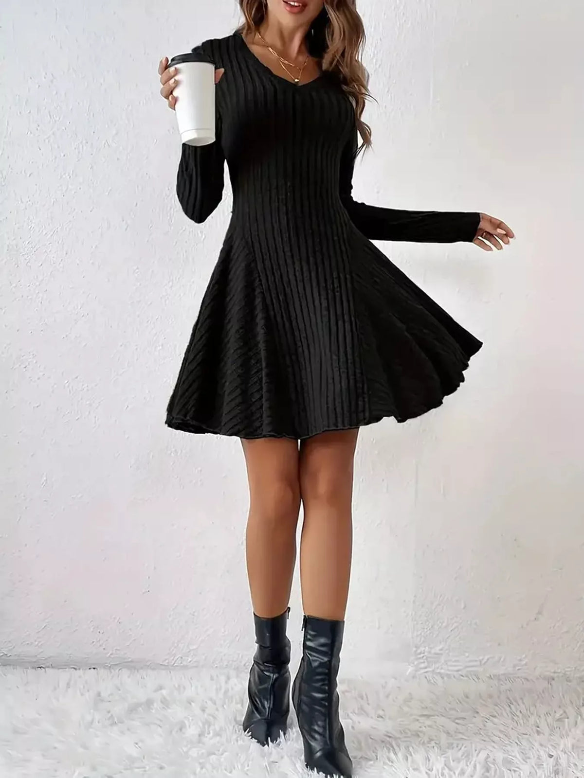 V-Neck Ribbed Knit A-Line Dress