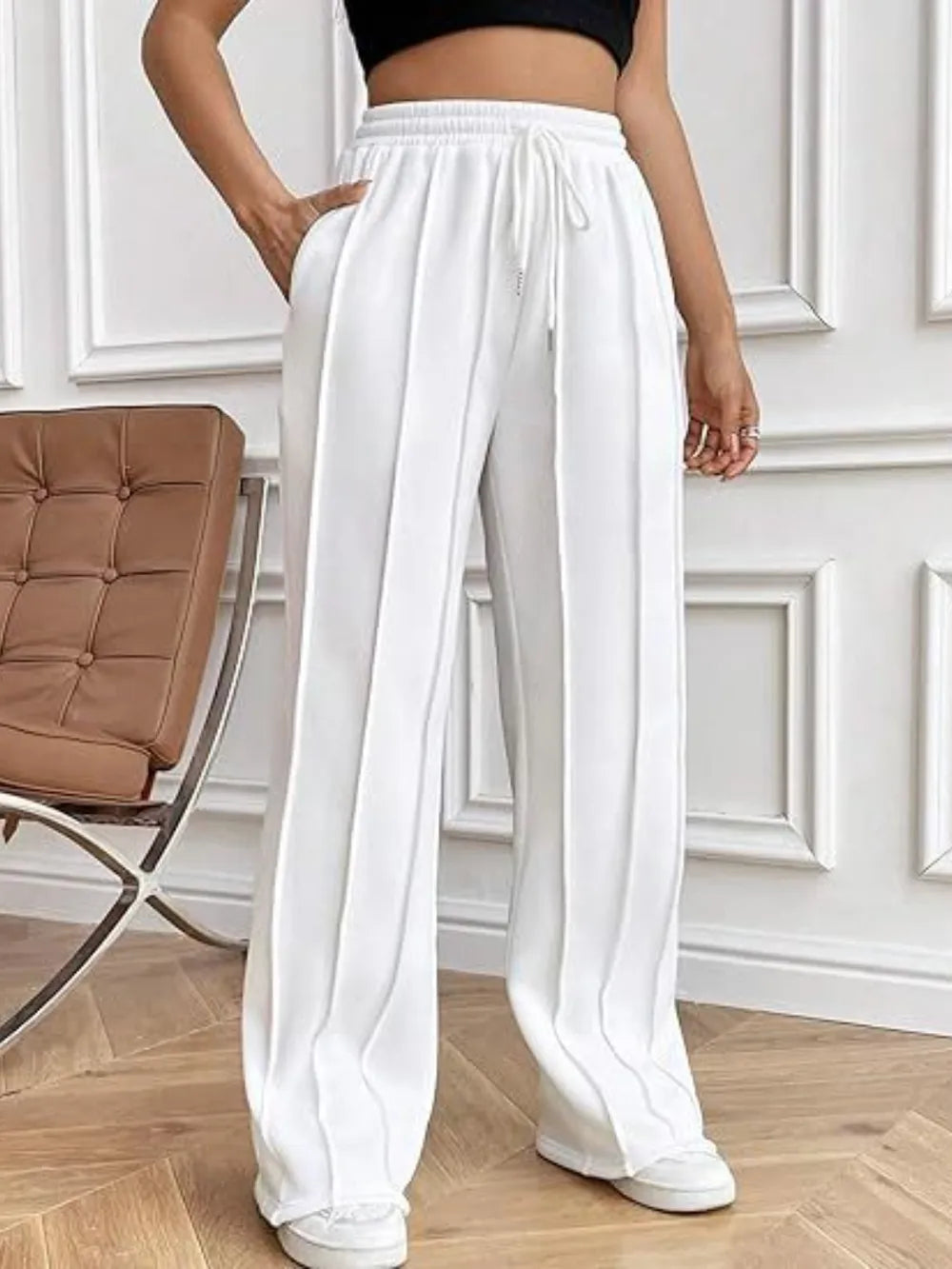Drawstring Wide Leg Pants with Pockets by K&L
