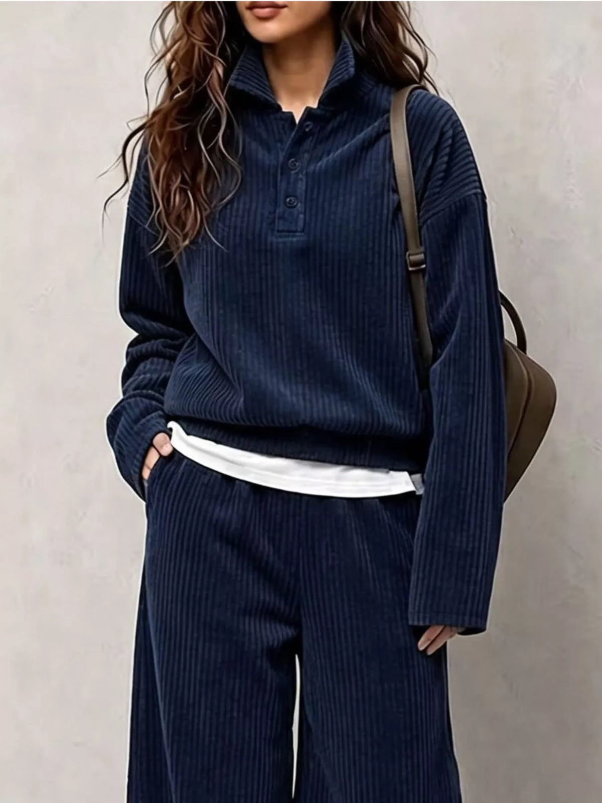 Corduroy Button-Front Top and Wide Leg Pants Set