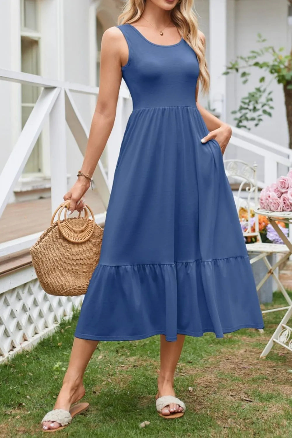 Round Neck Wide Strap Tank Dress by Gen Beauty