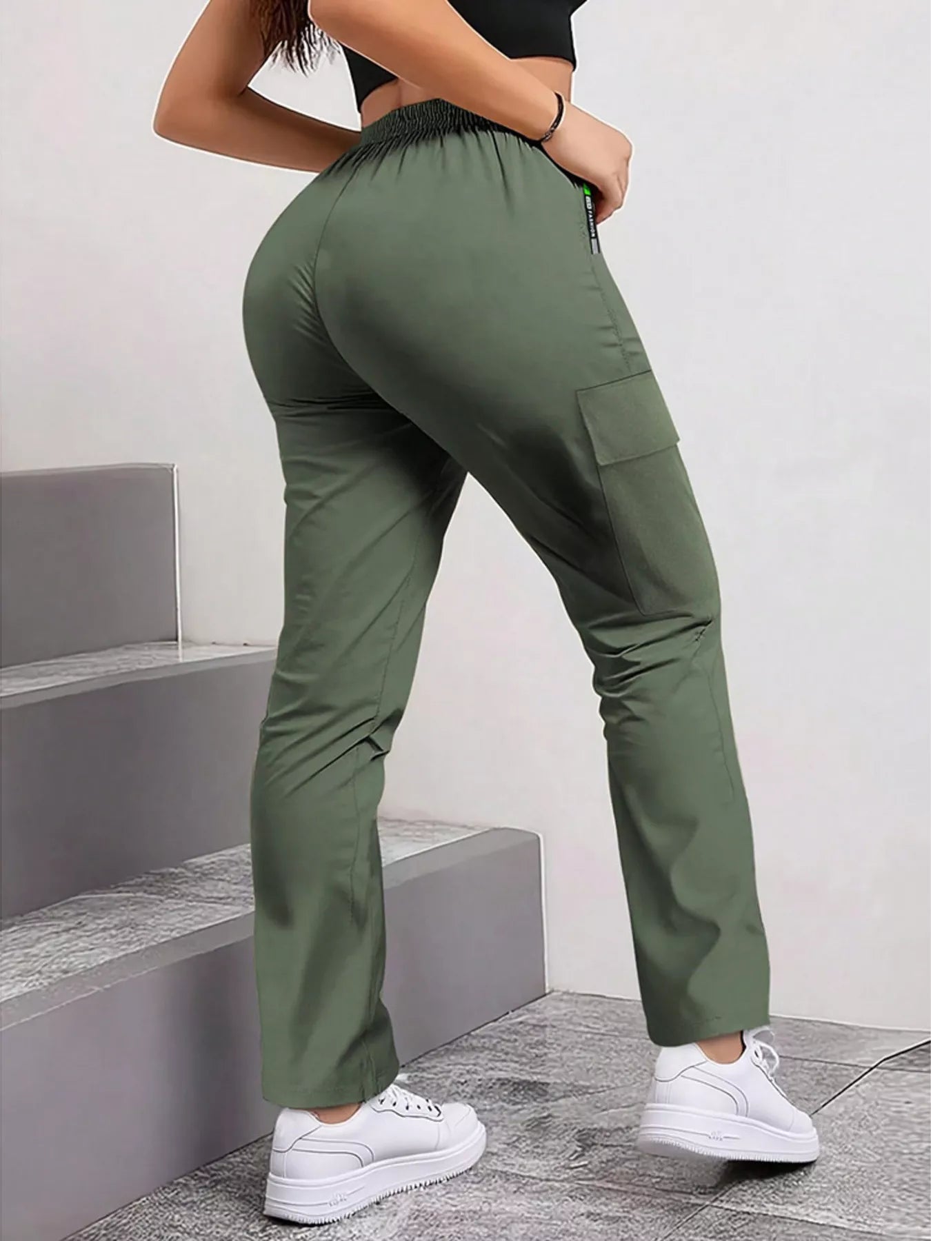 Drawstring Cargo Pants with Zip Pocket