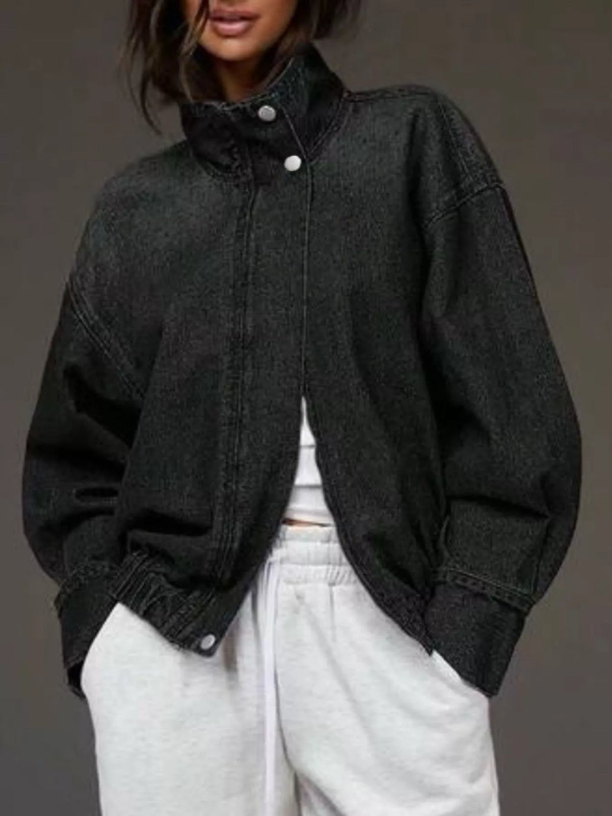 Stand-Collar Zip-Up Denim Jacket