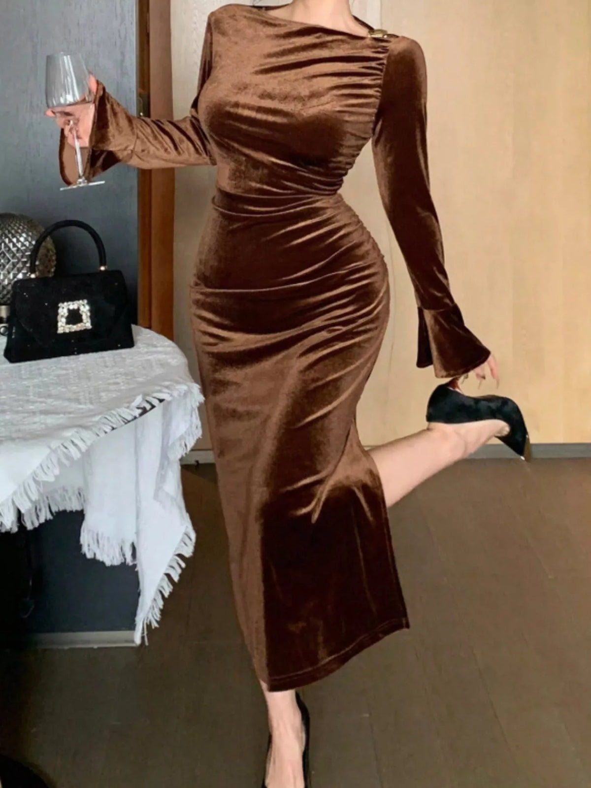 Velvet Ruched Bodycon Midi Dress in Brown