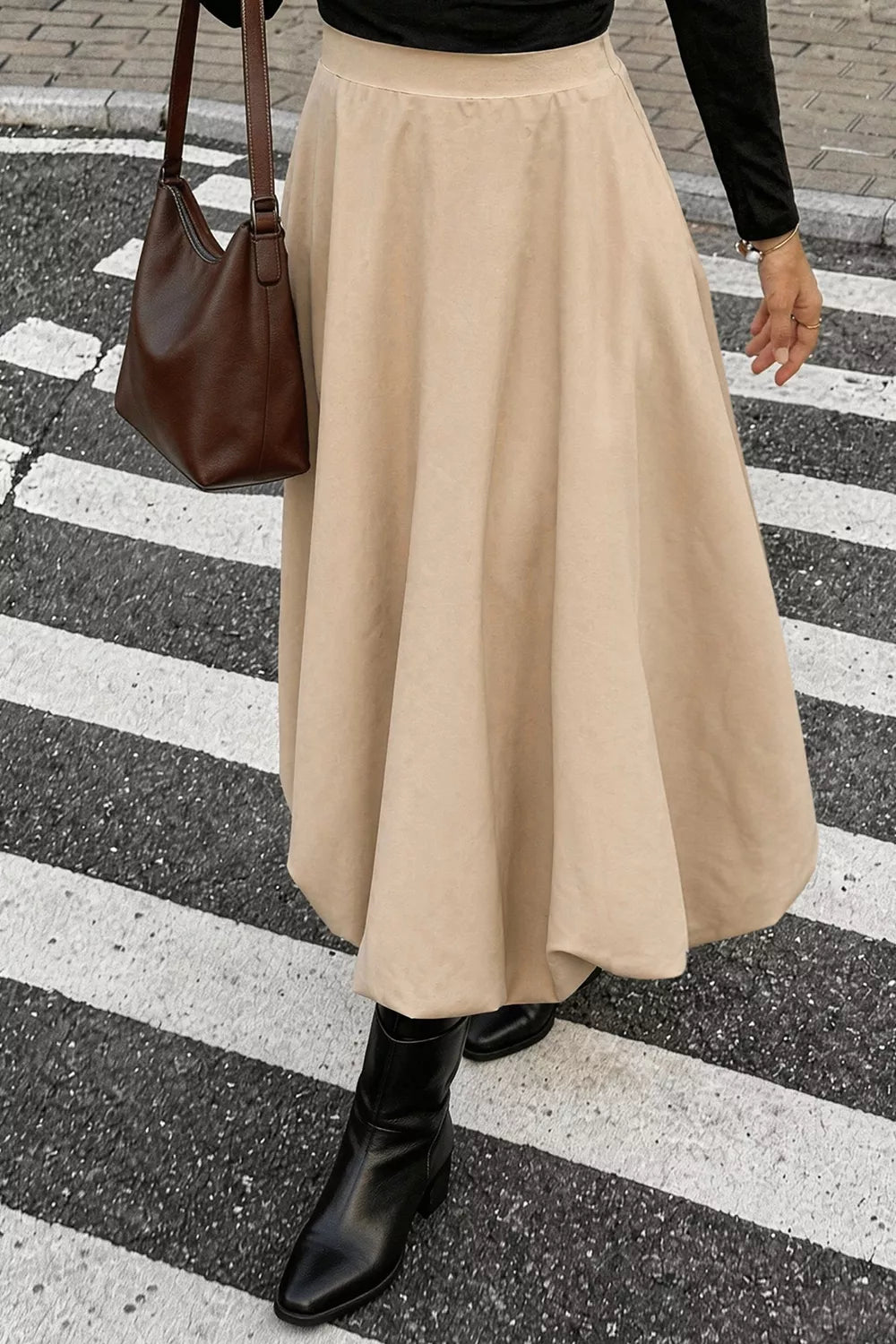 High-Waisted Ruched A-Line Midi Skirt in Tan