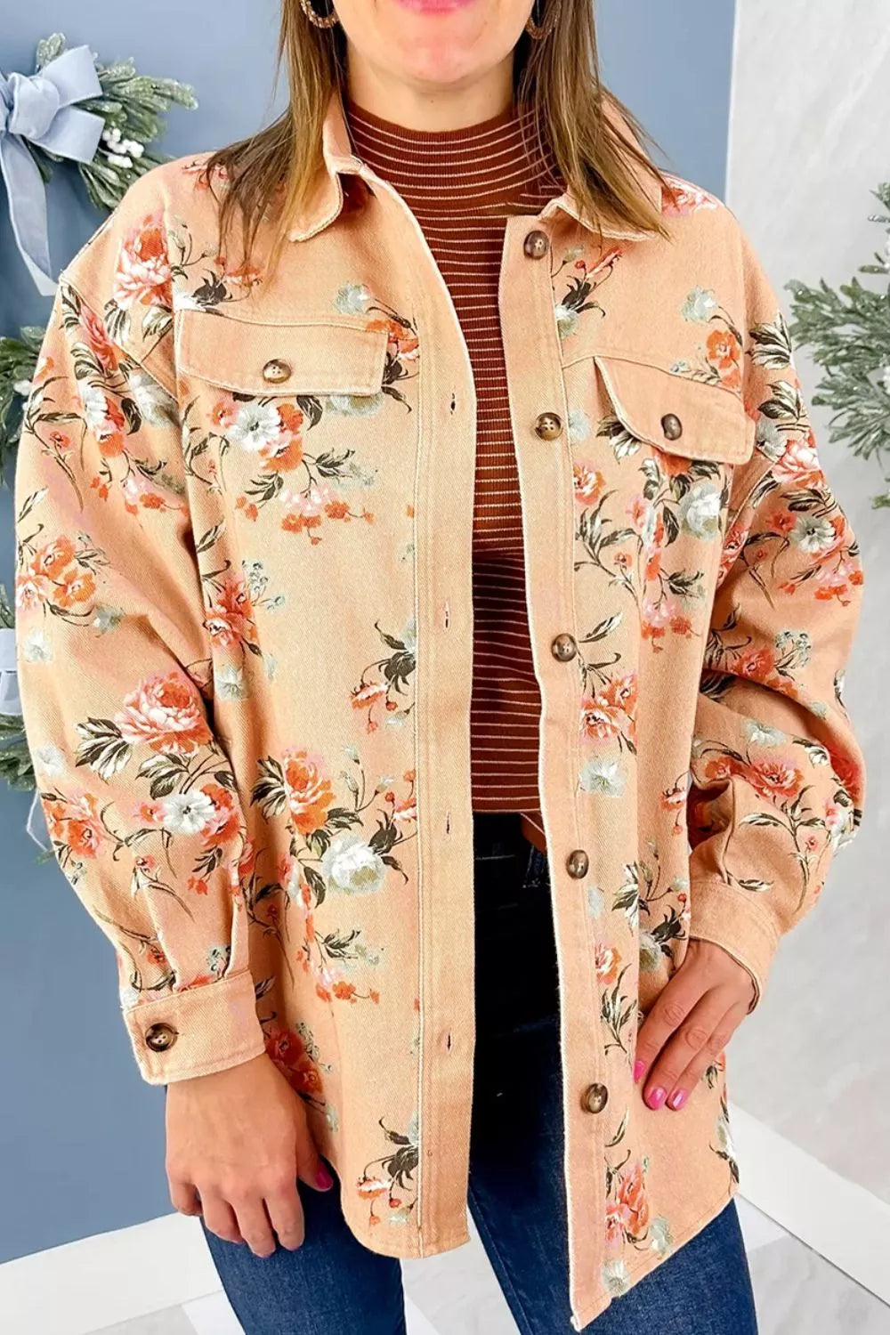 Floral Print Denim Jacket in Tan