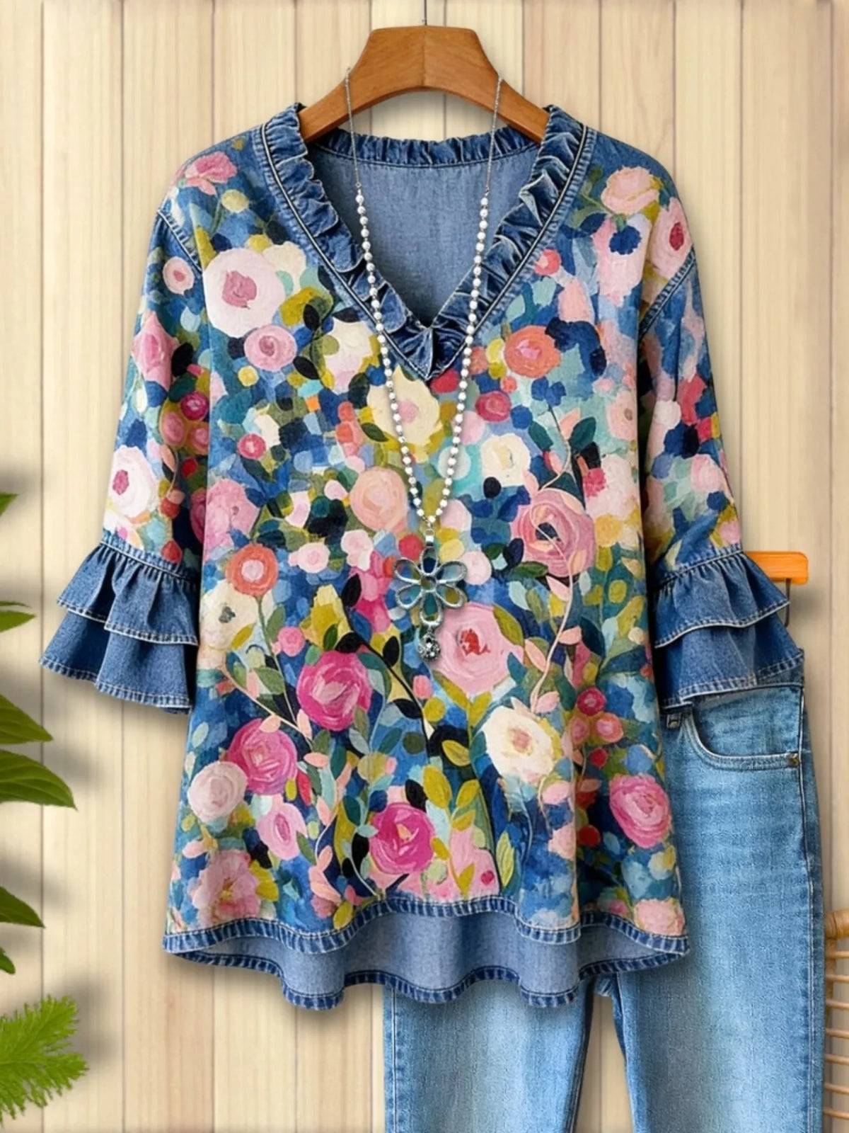 Floral Ruffle-Trim Denim Top