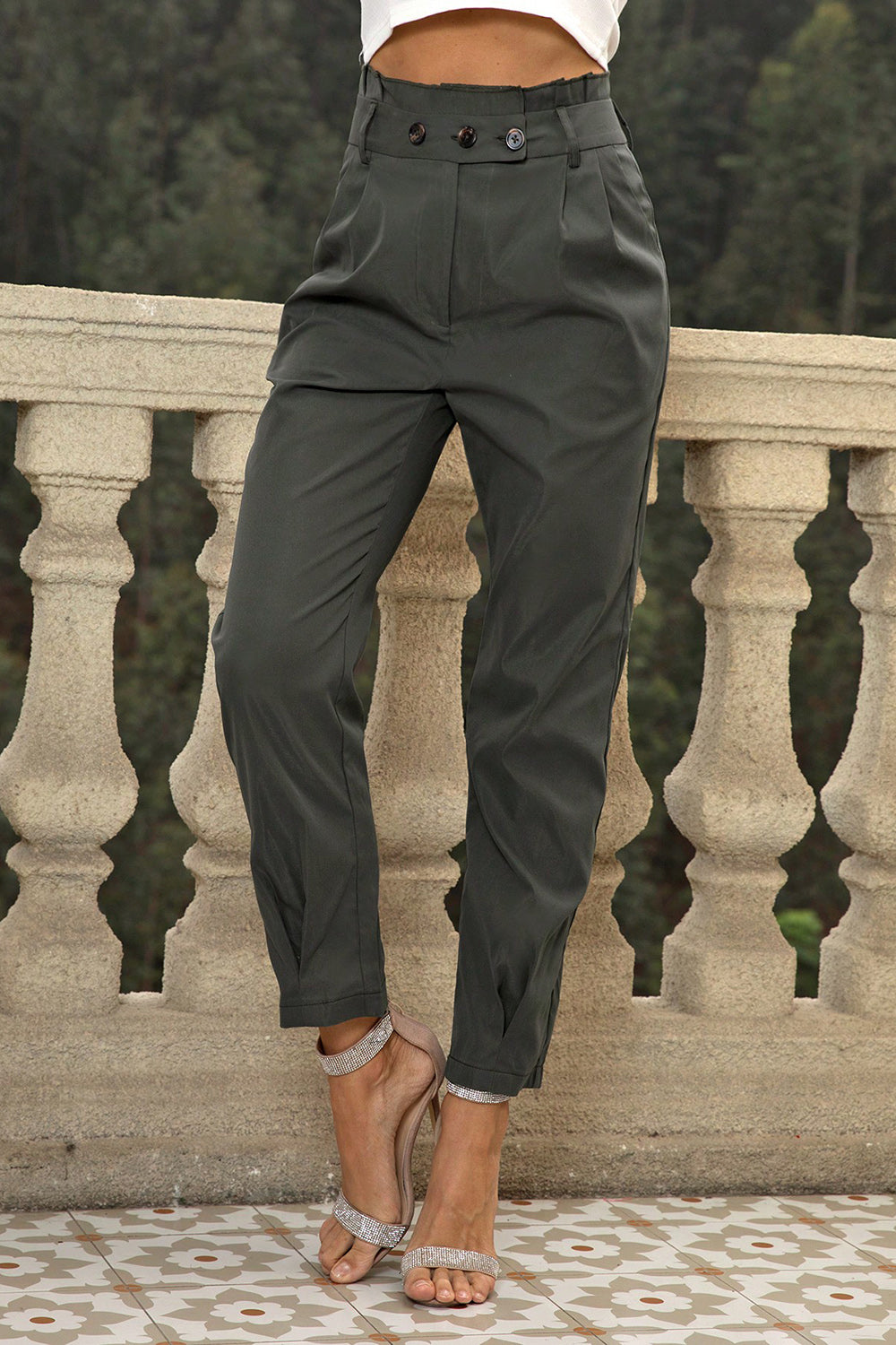 High Waist Cropped Pants with Button Closure