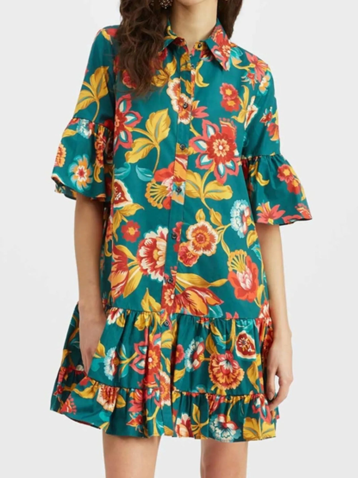Buttoned Floral Ruffle-Sleeve Mini Dress by Rosaline