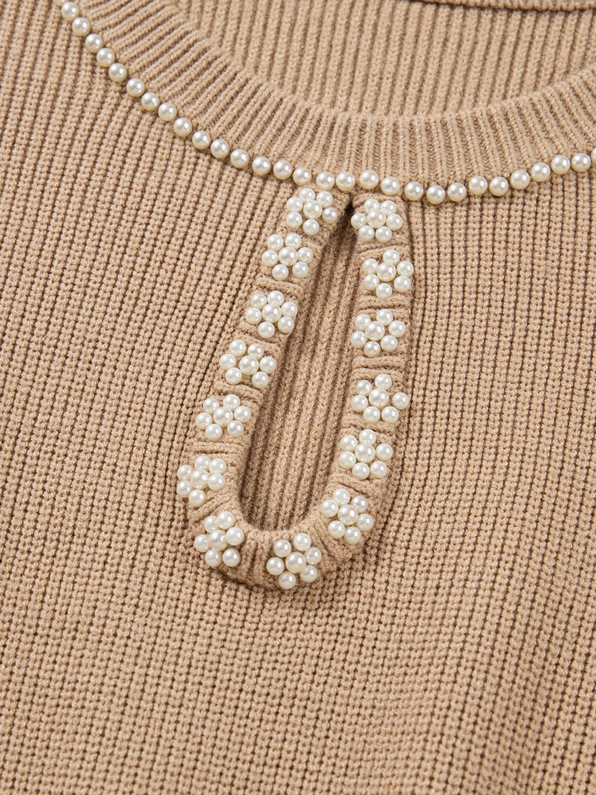 Pearl Embellished Keyhole Sweater Dress in Camel