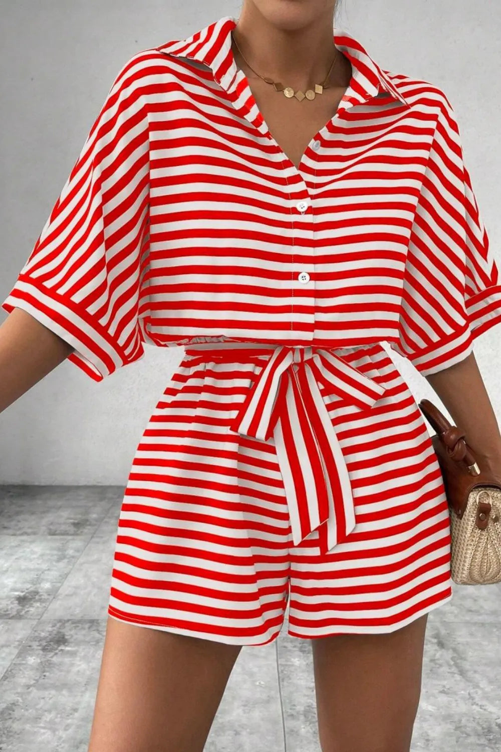 Striped Collared Tie Waist Romper