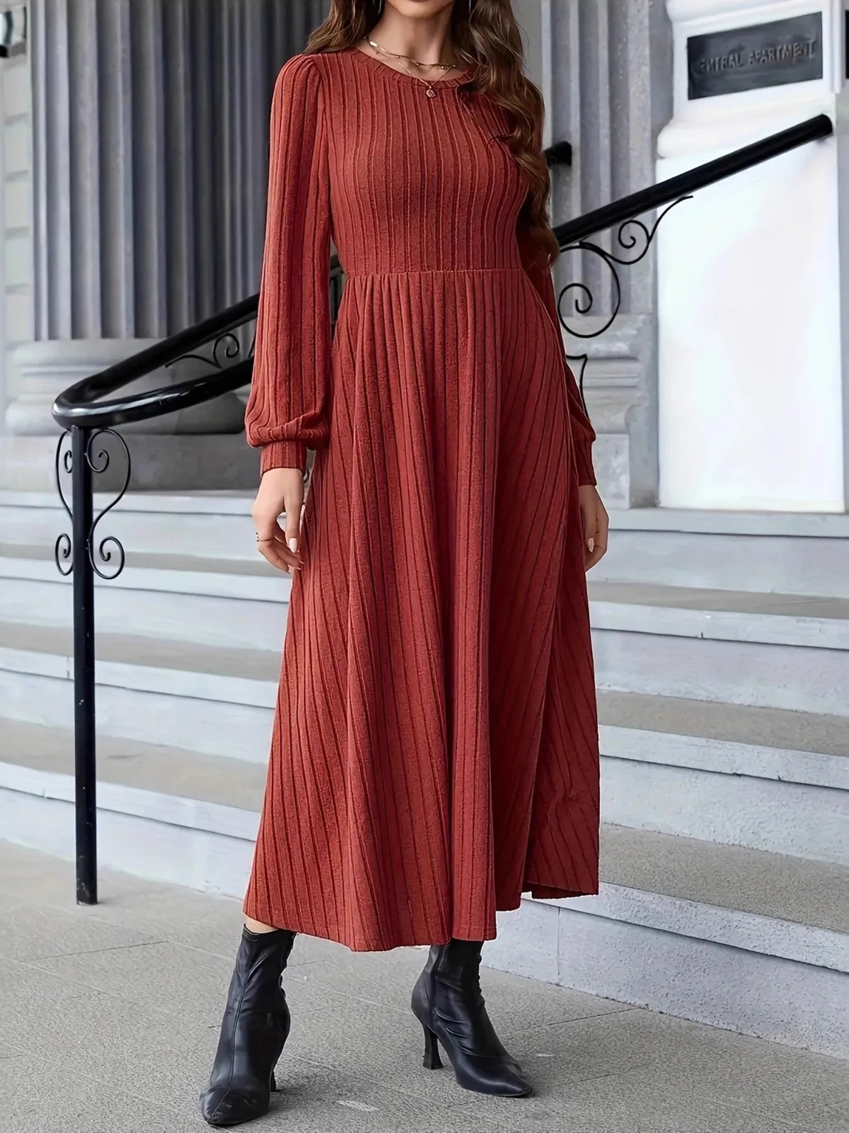 Ribbed Sweater Dress in Rust