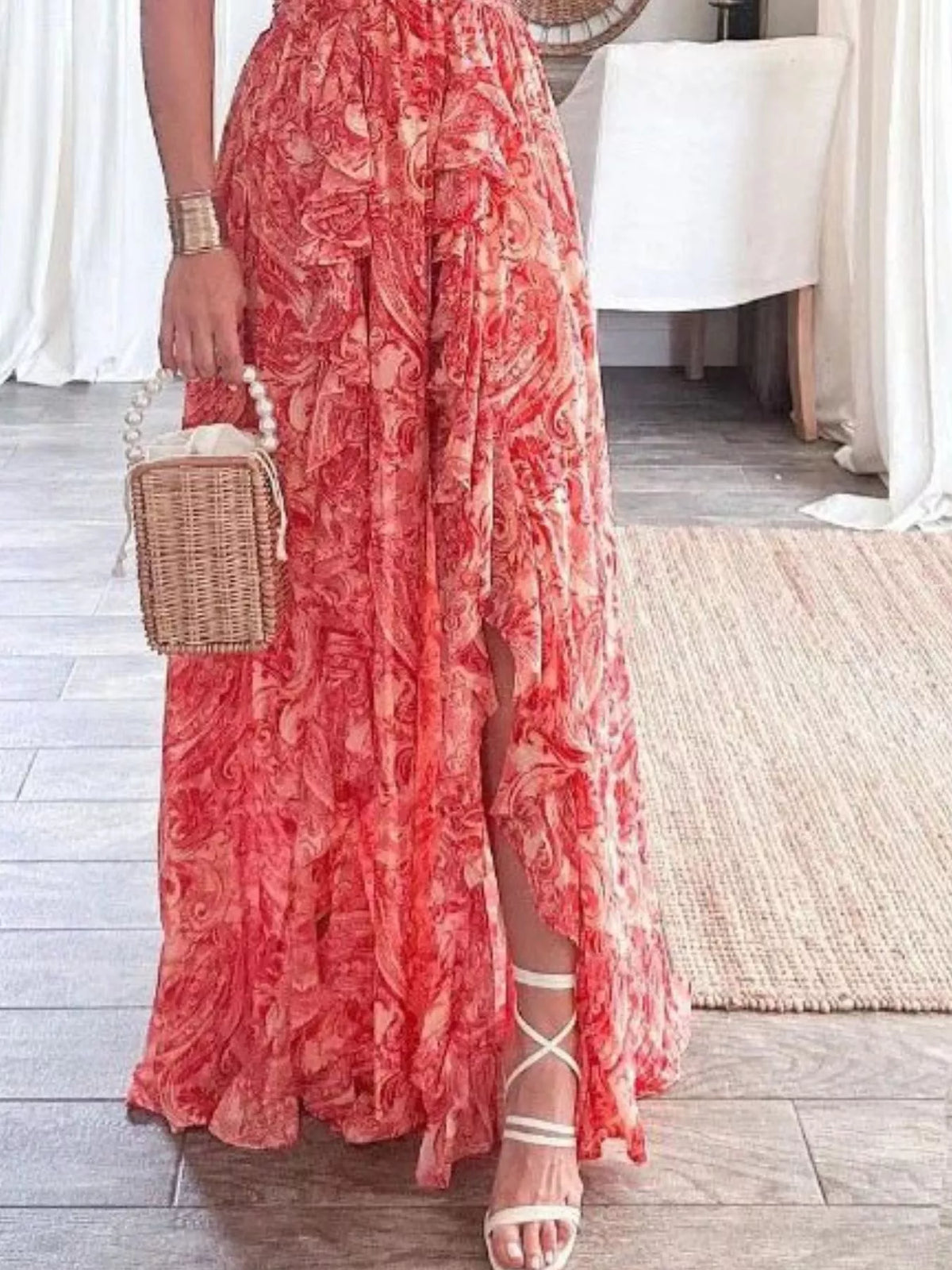 Ruffled Cutout V-Neck Maxi Dress