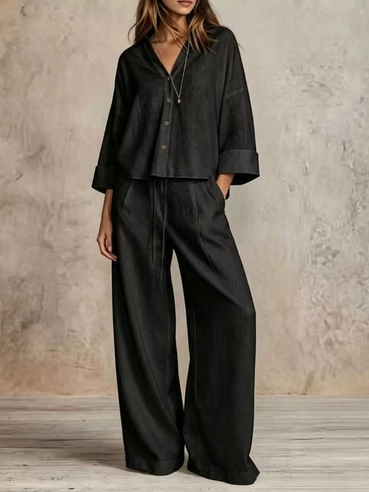 Button-Down Shirt and Wide-Leg Pants Set