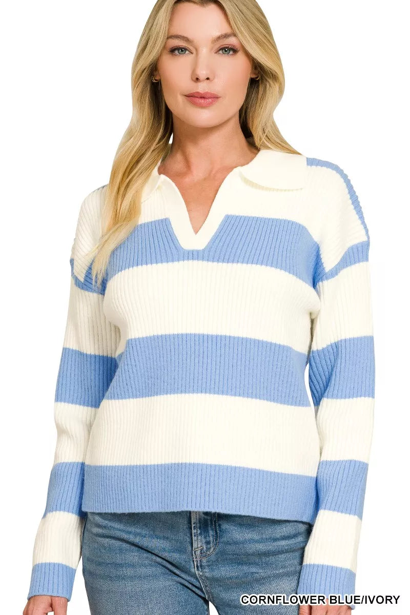 Zenana Oversized Striped Collared Sweater in Cornflower Blue/Ivory