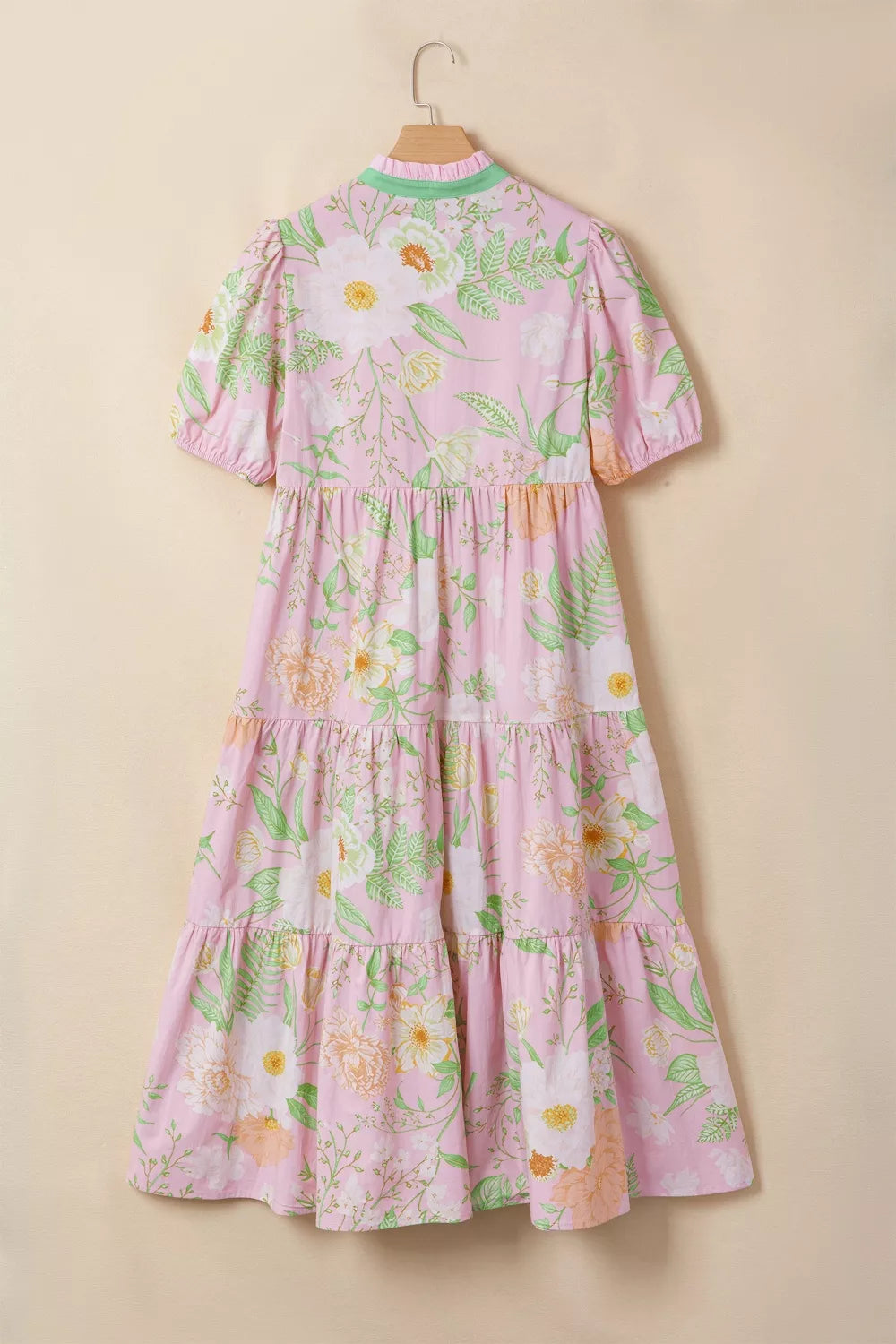 Floral Puff-Sleeve Tiered Dress in Dusty Pink