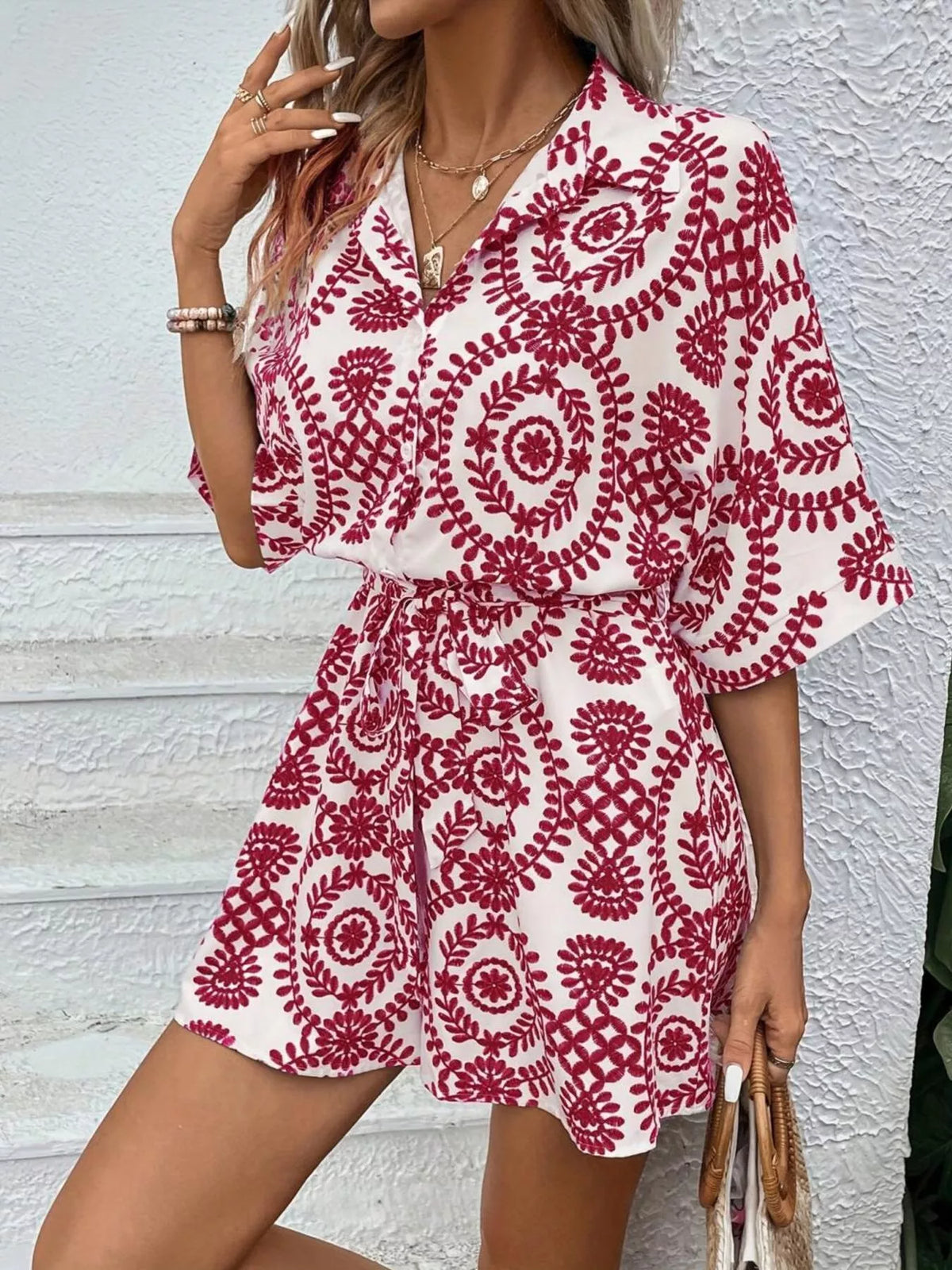Printed Button Front Tie Waist Romper