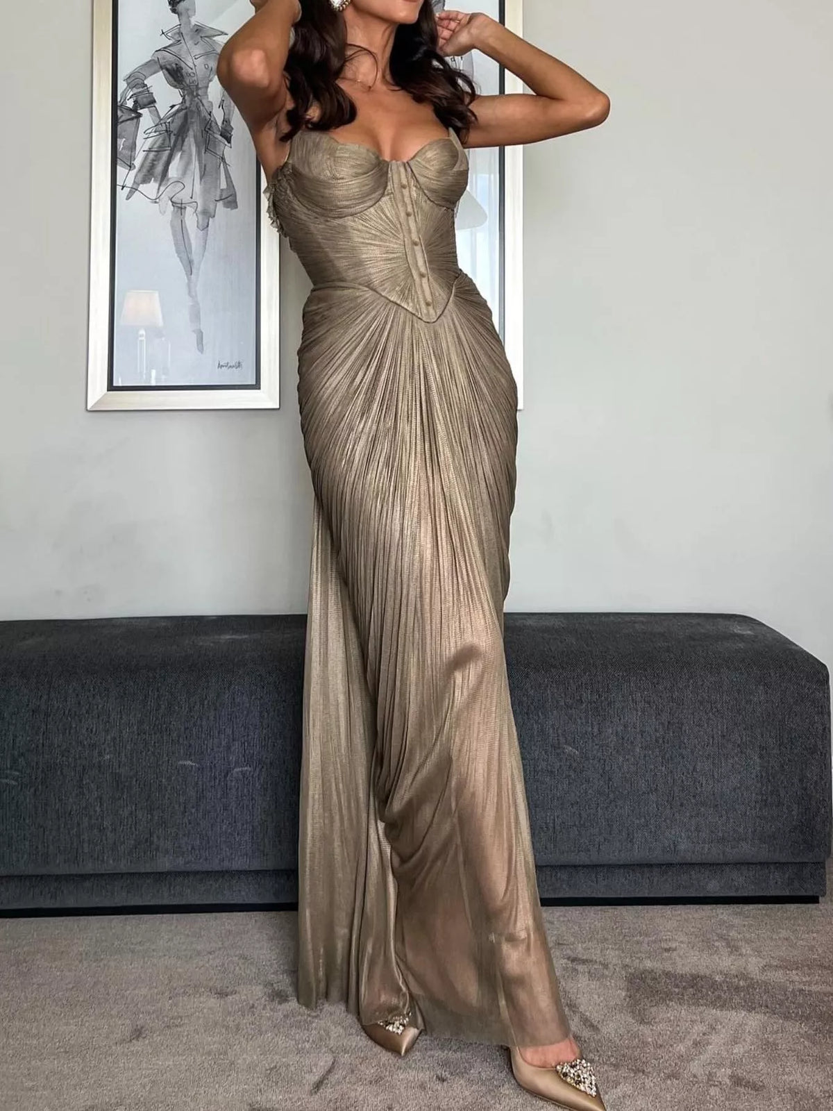 Metallic Pleated Corset Maxi Dress in Gold