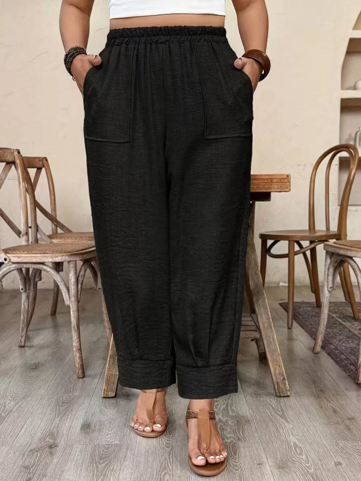 Plus Size Elastic Waist Pants with Pockets