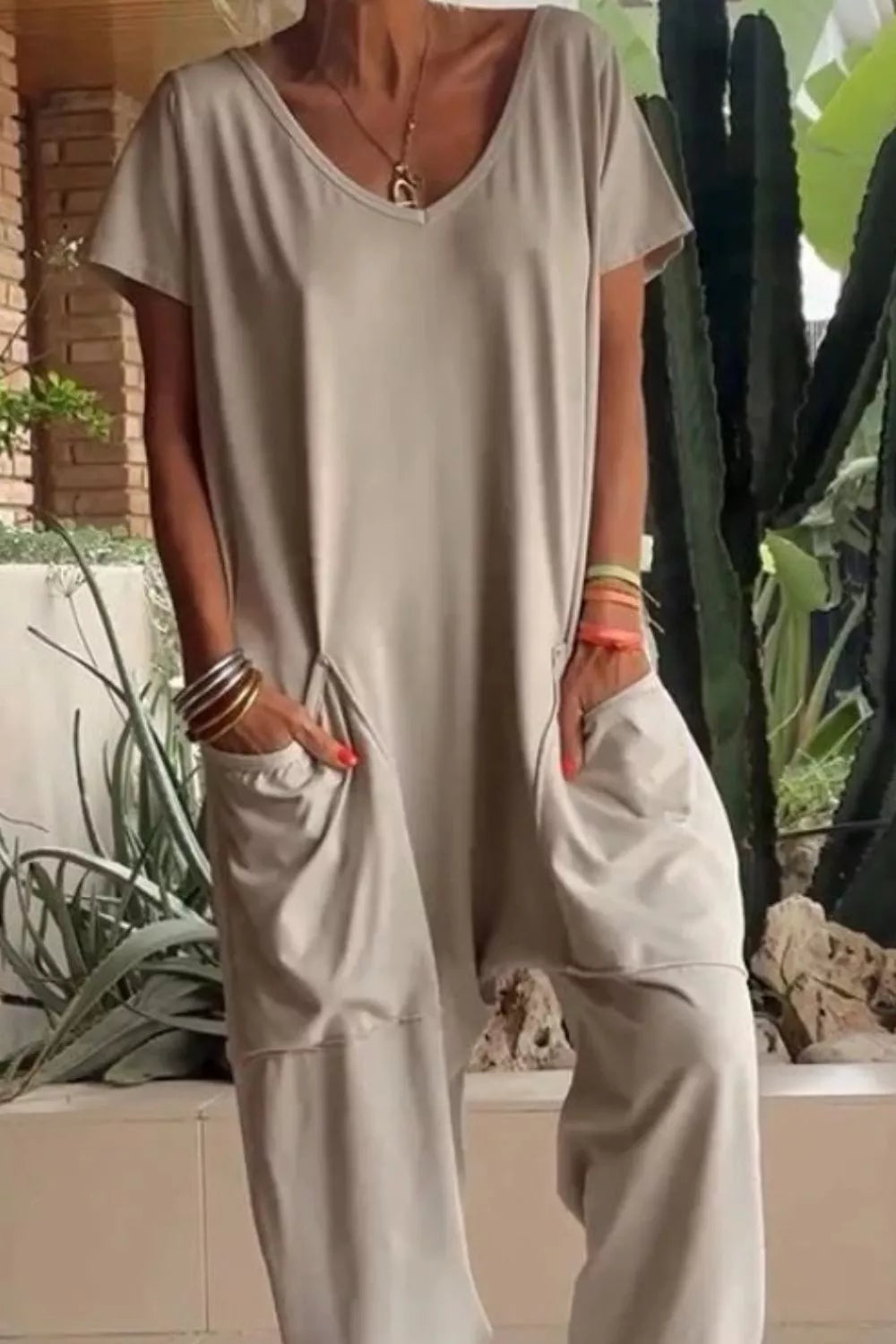 V-Neck Short Sleeve Jumpsuit with Pockets