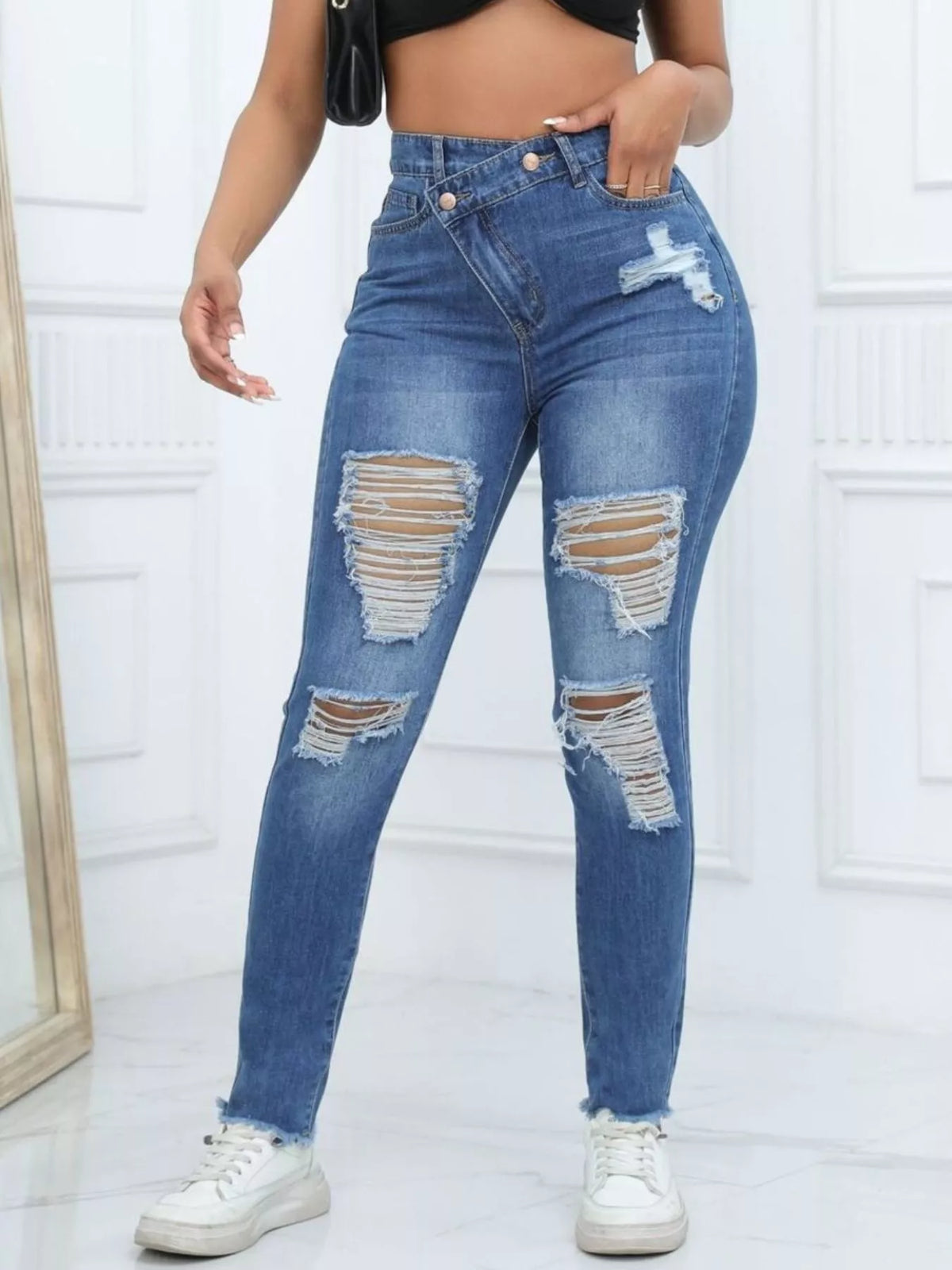 Distressed Raw Hem High-Waisted Jeans