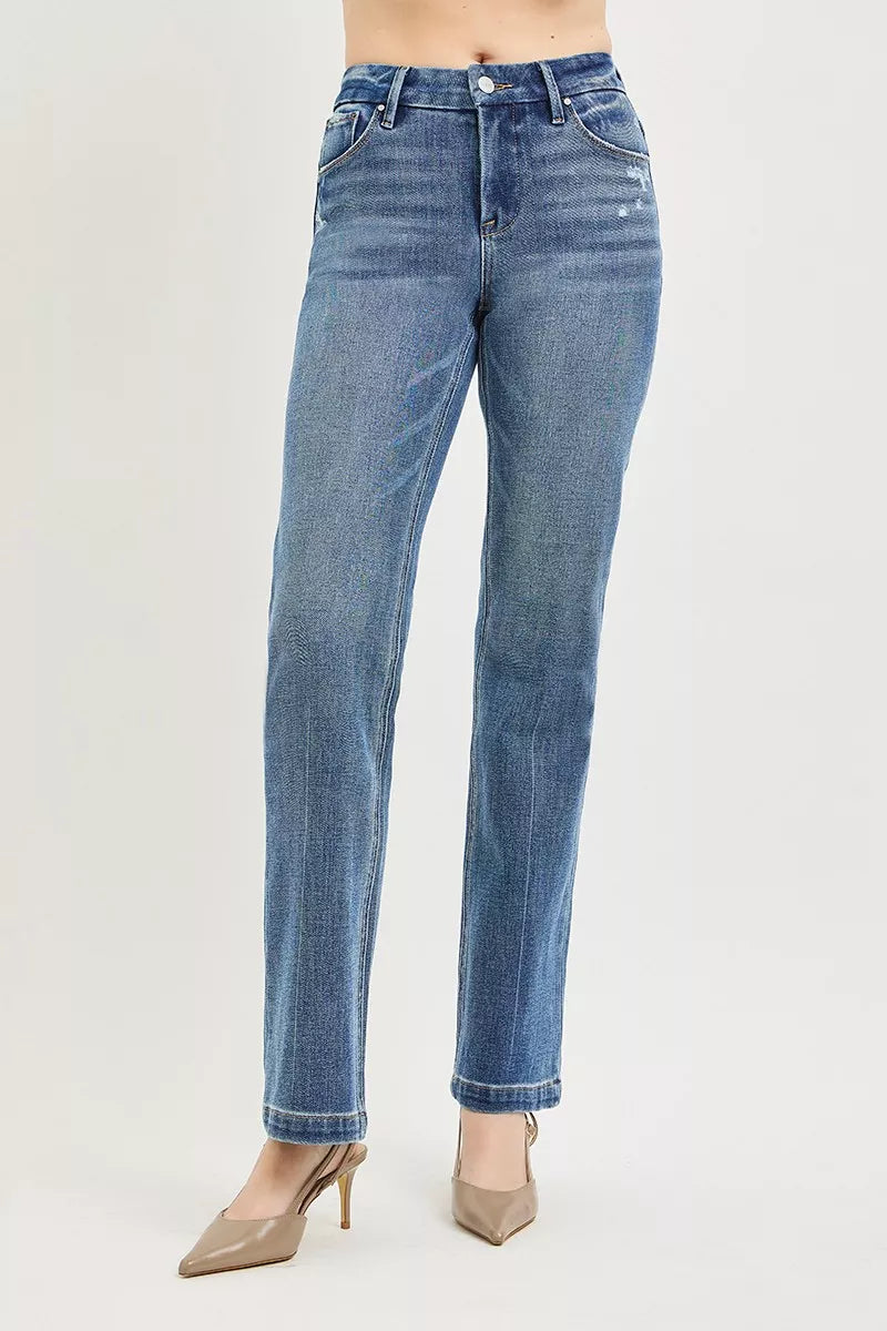 Risen Mid Rise Straight Leg Jeans in Medium Wash