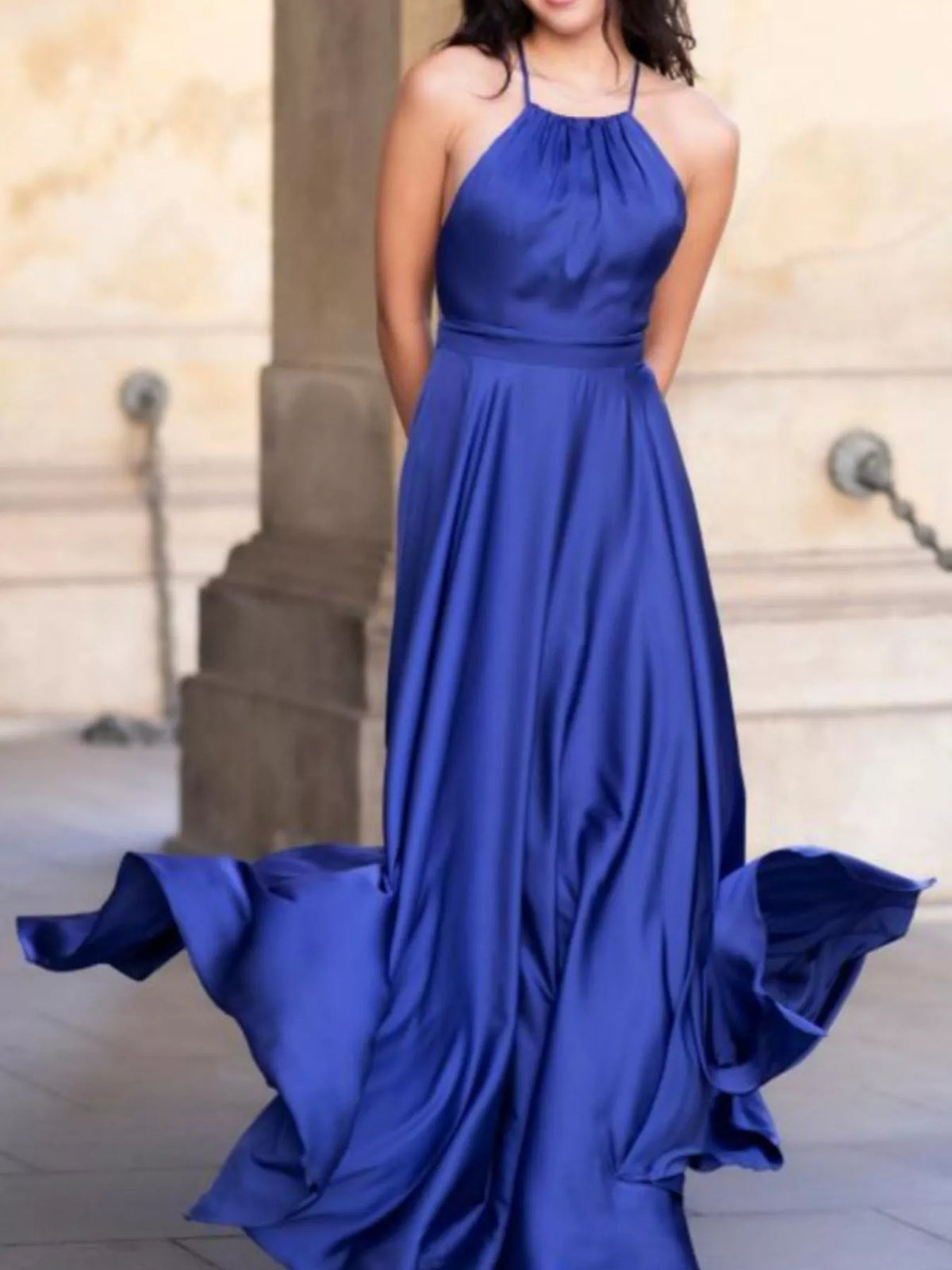 Backless Halter Slit Maxi Dress by Elegant Elements