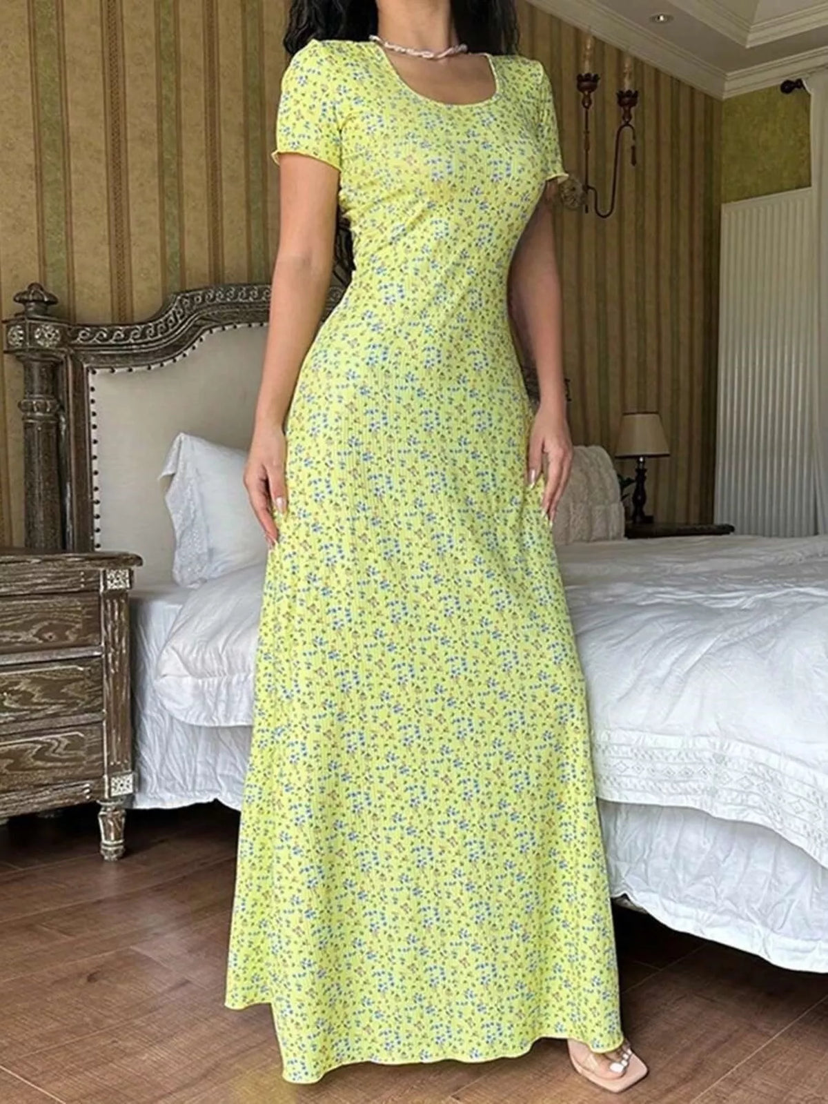 Floral Print Short Sleeve Maxi Dress