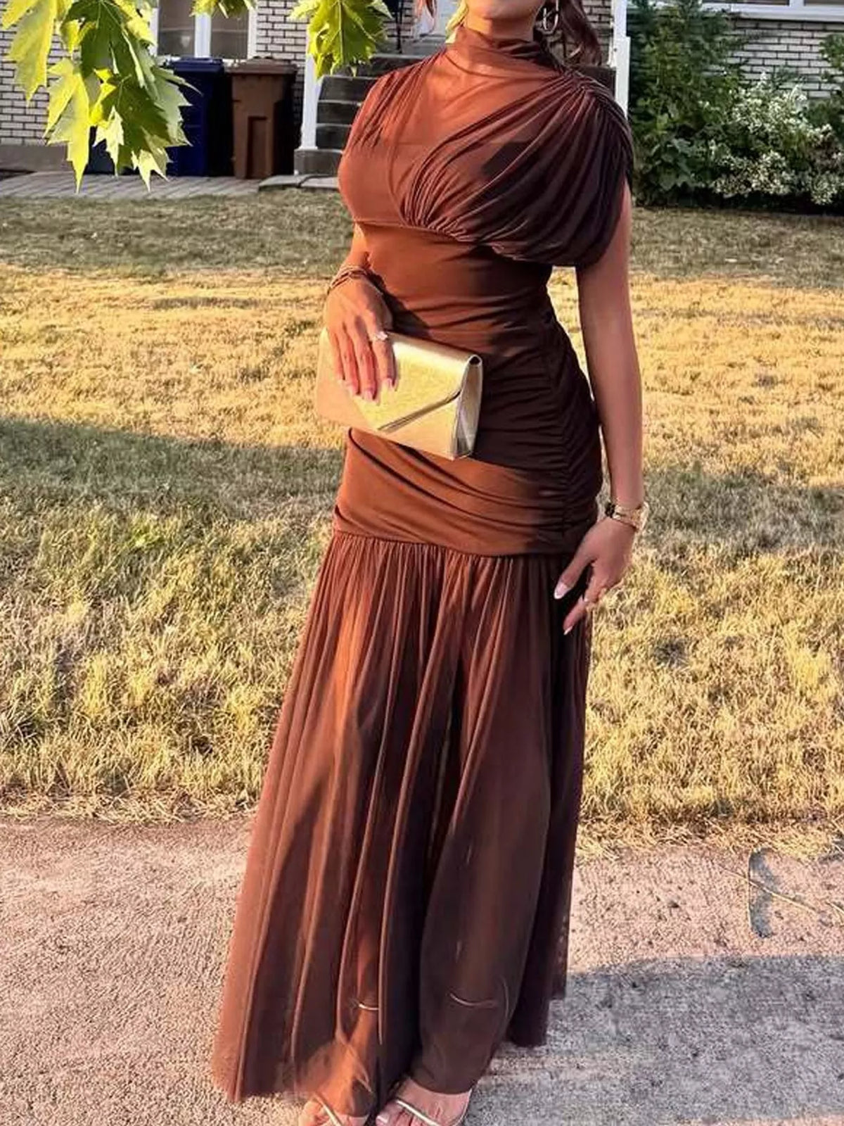 Mock Neck Ruched Mesh Maxi Dress