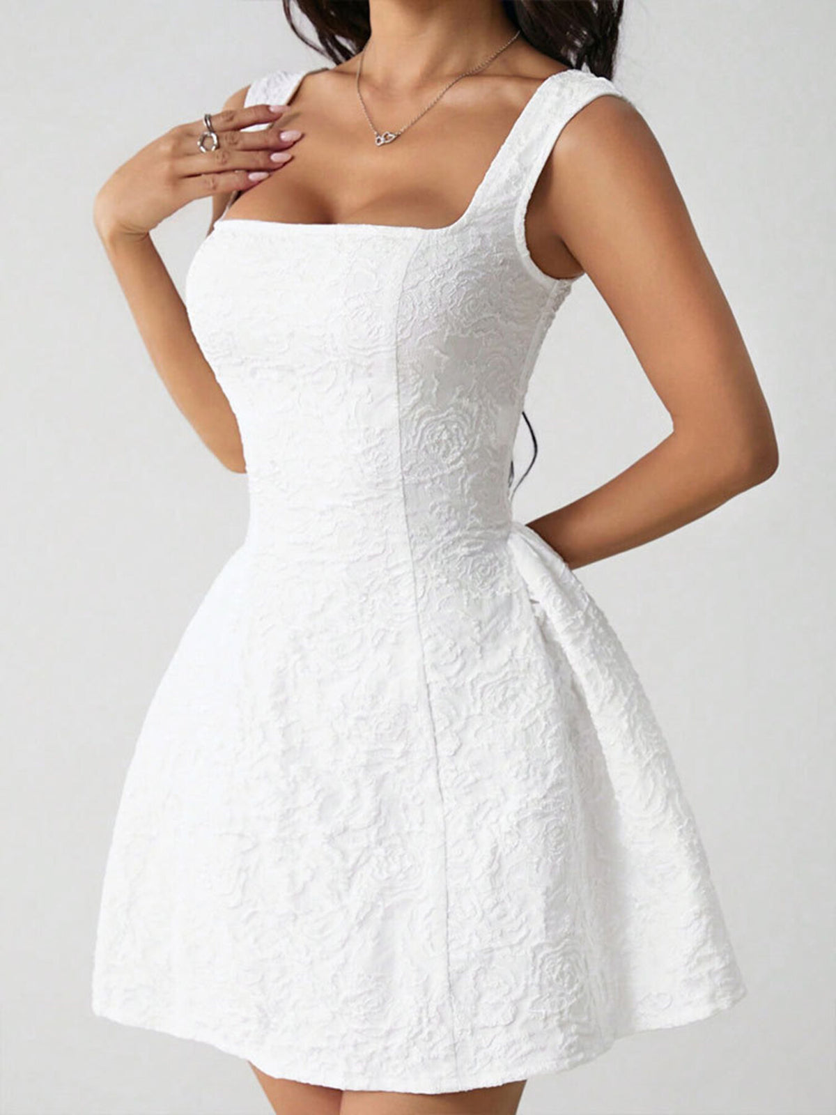 Textured Square Neck Mini Dress in White