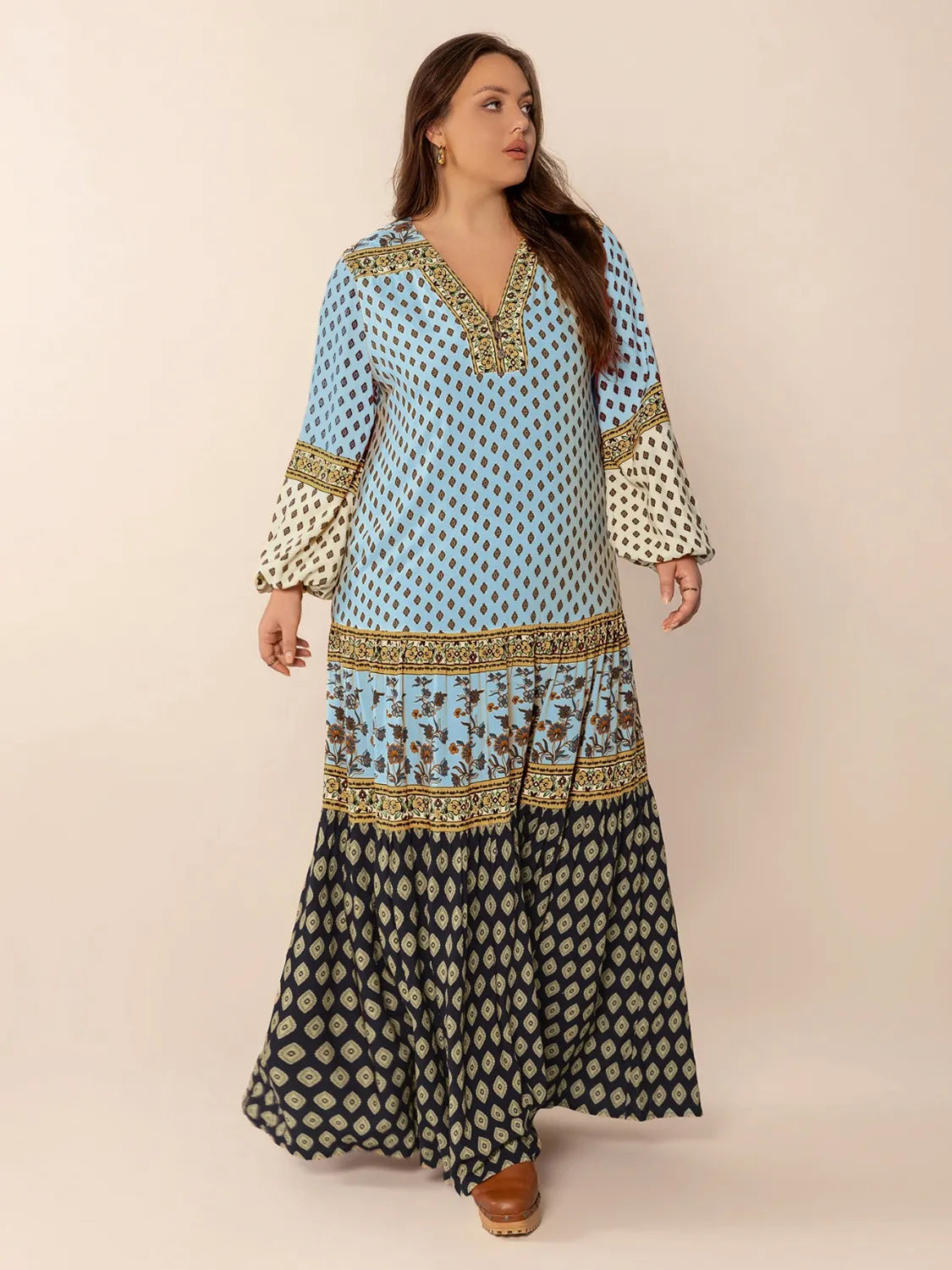 V-Neck Balloon Sleeve Maxi Dress in Sky Blue