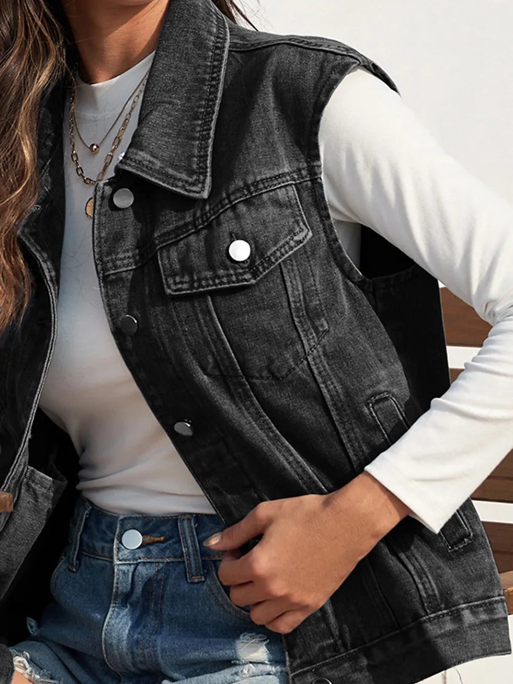 Collared Sleeveless Button-Front Denim Jacket by Manny