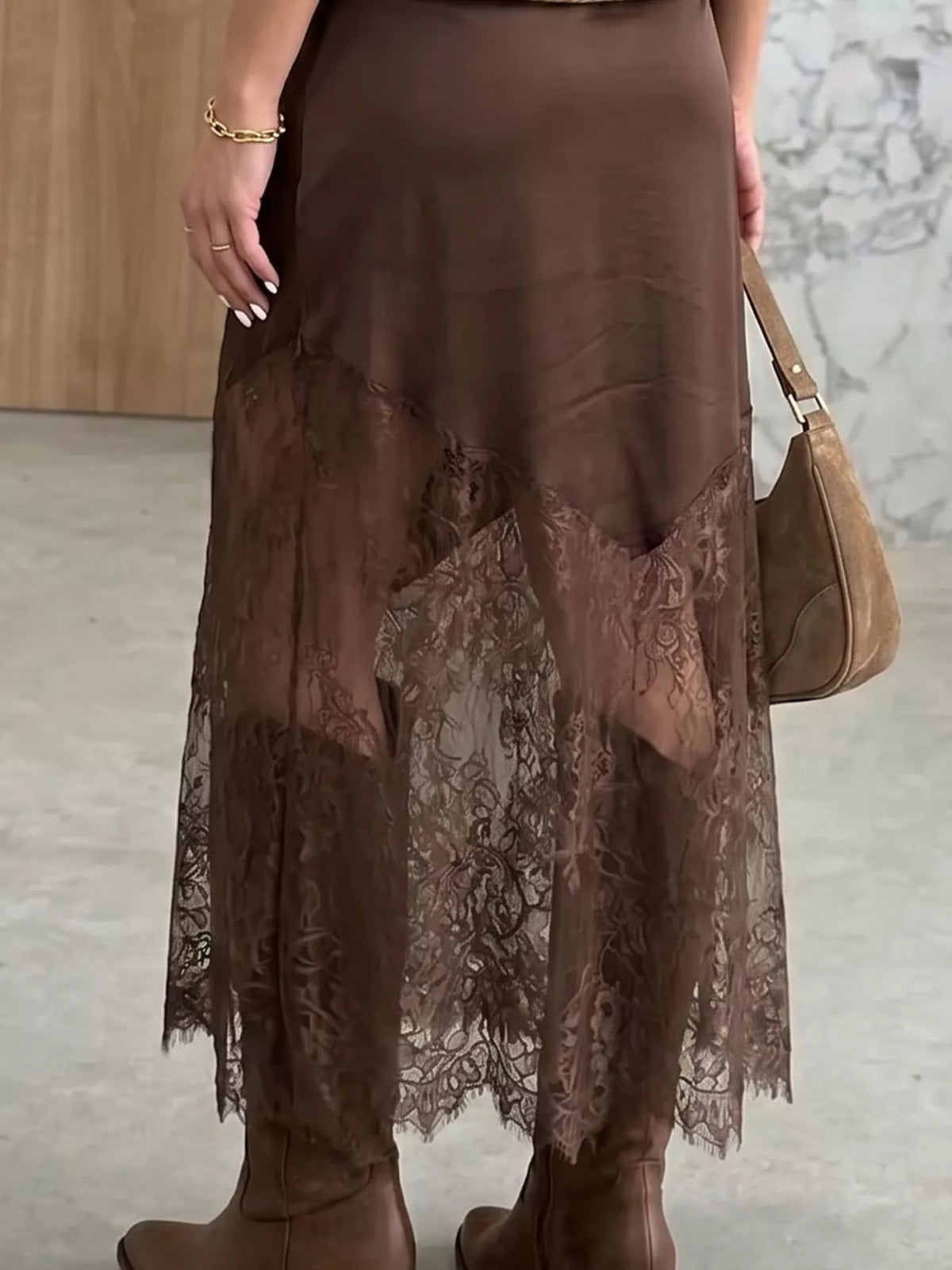 Lace Patchwork Hem Shift Skirt in Dark Brown