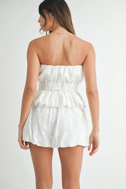 Floral Eyelet Lace Tube Top and Shorts Set in Off White