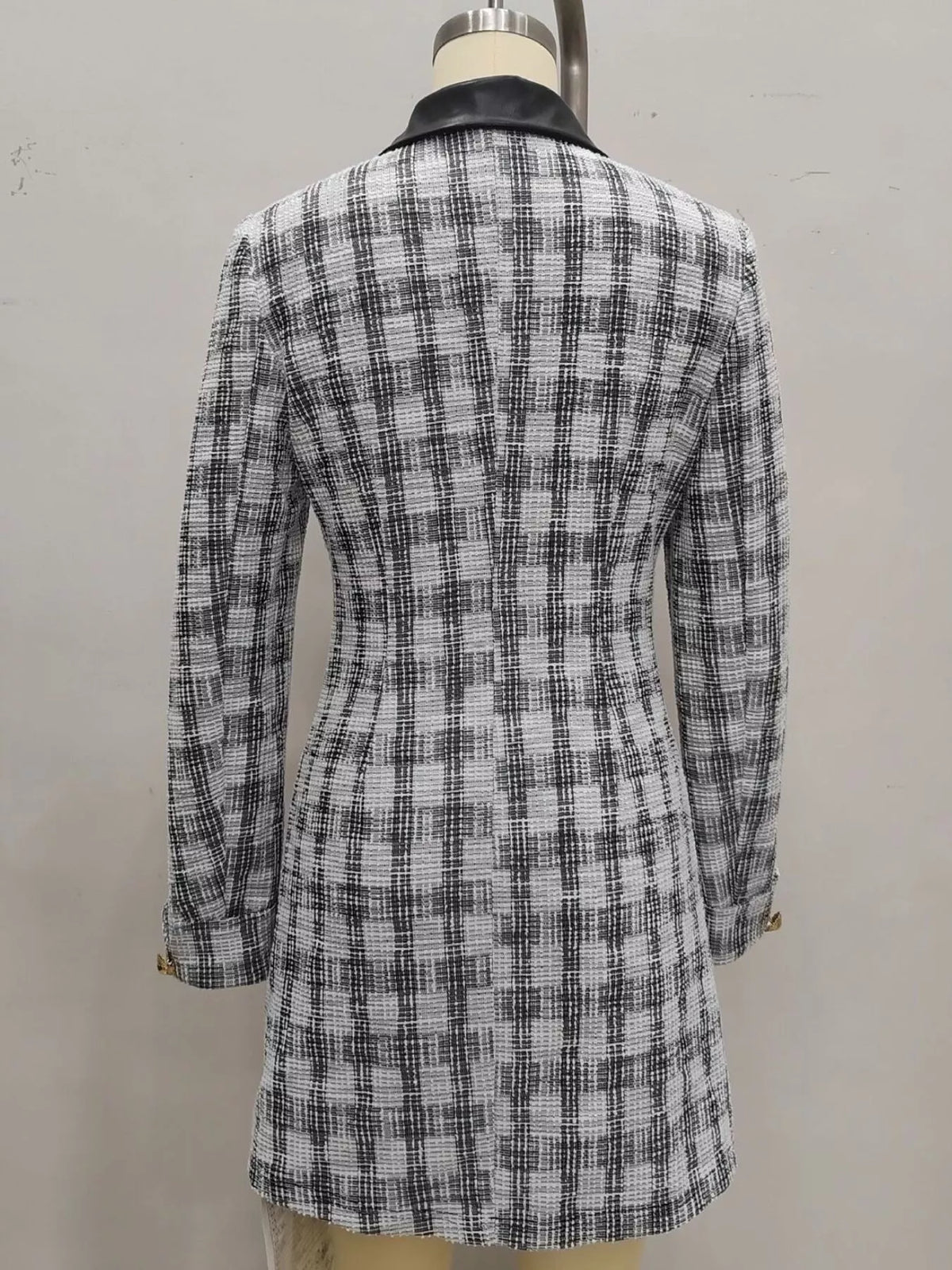 Long Sleeve Plaid Tweed Button-Down Mini Dress in Black