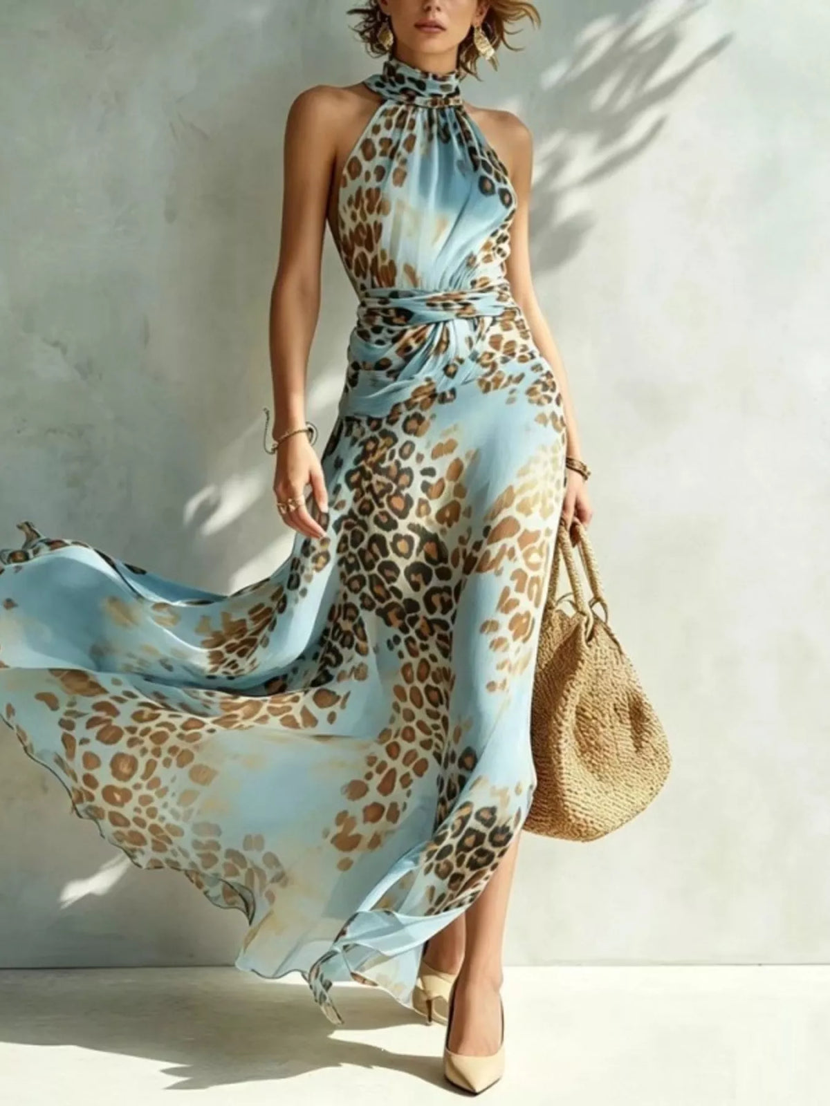 Leopard Print Sleeveless Maxi Dress by Kaelinne